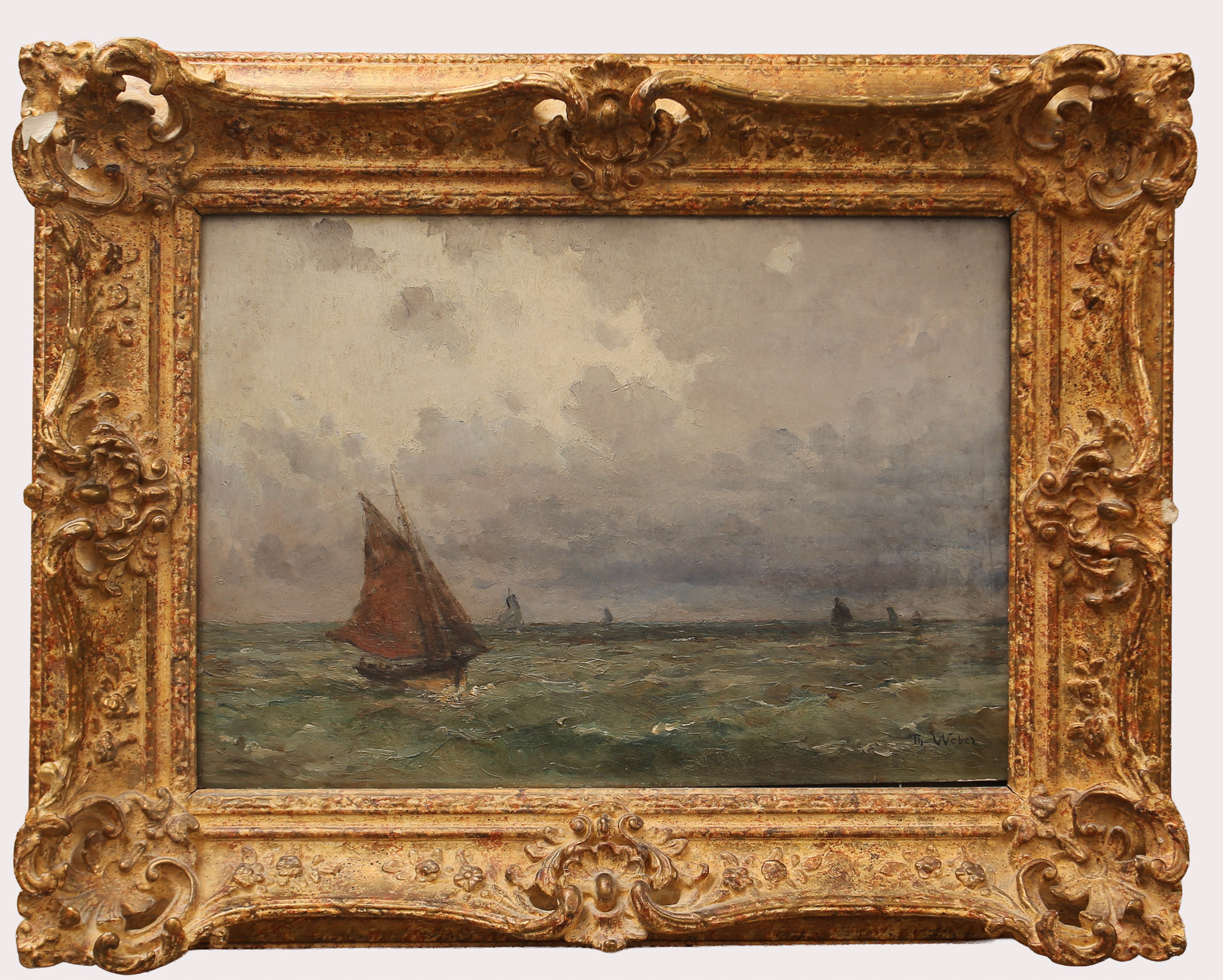 THEODORE ALEXANDER WEBER. (1838-1907) Tyskland/Frankrike. Segelbåtar i havsbandet. Signerad Th. Weber. Olja på pannå.