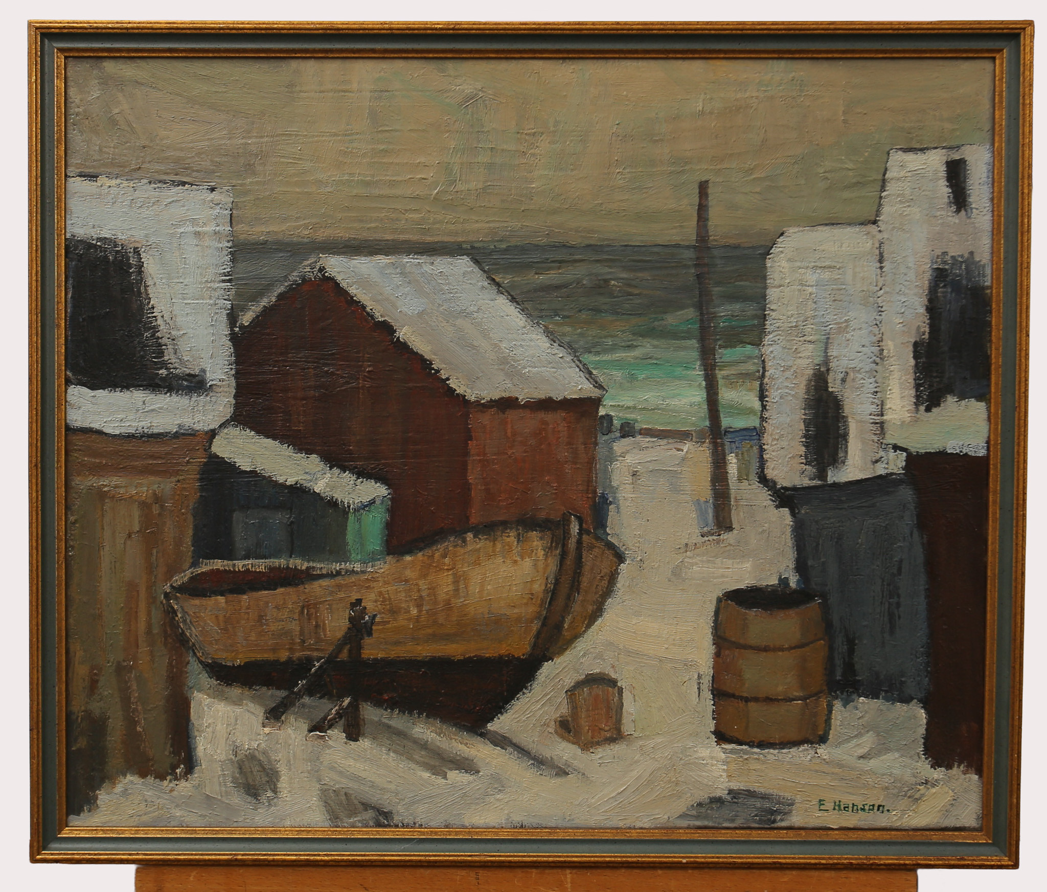 ERIC HANSEN. Olja på duk, fiskestugor vid havet, signerad.