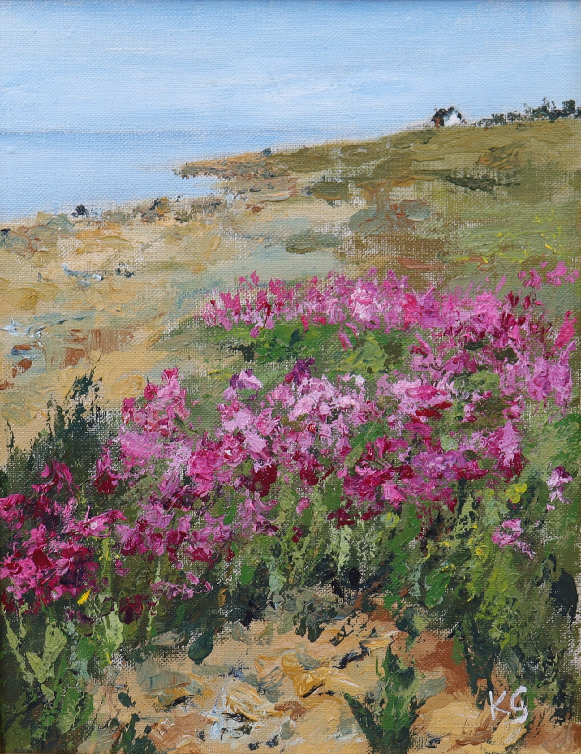 OIDENTIFIERAD KONSTNÄR. olja på duk, blommor på strand.