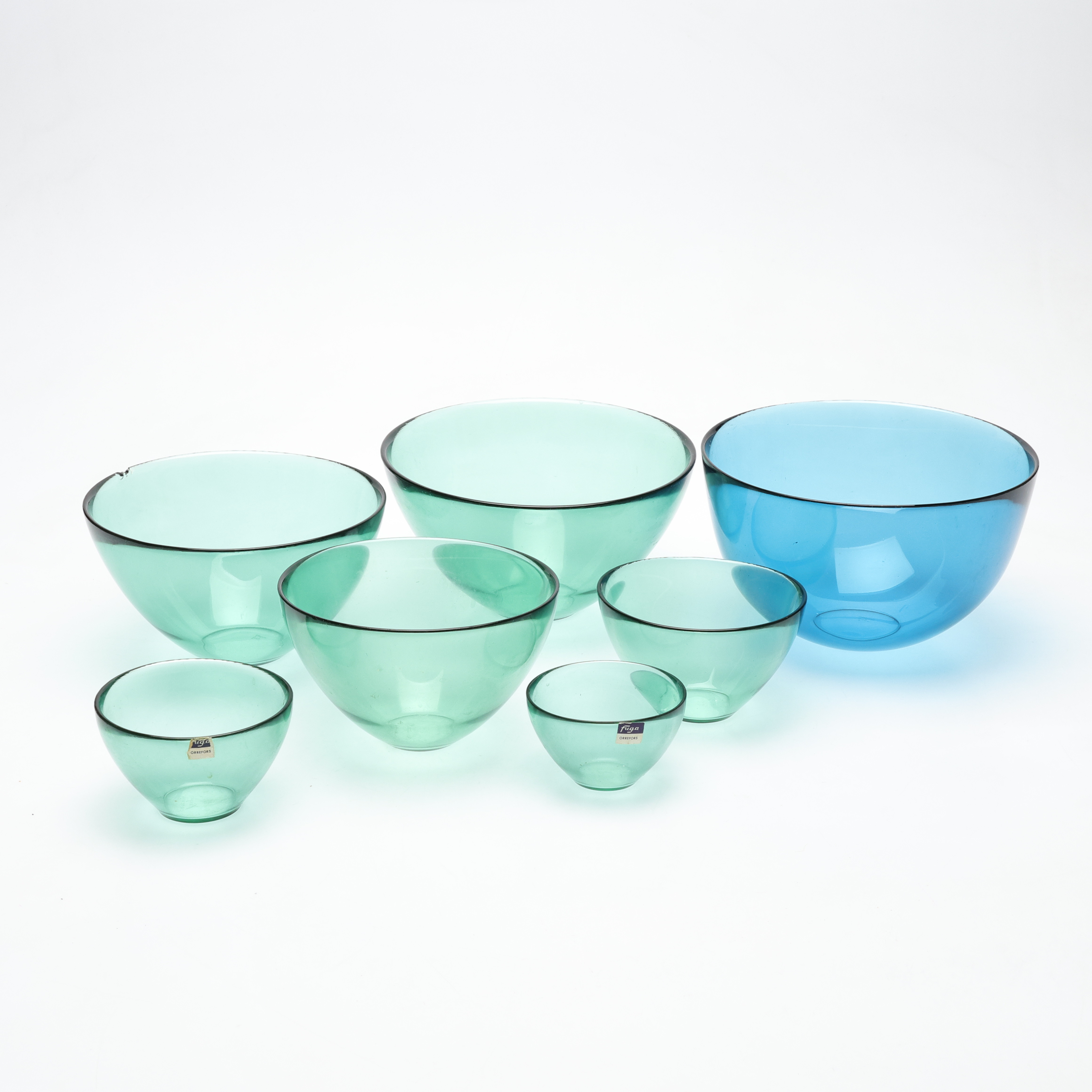 SVEN PALMQVIST. skålar, 7 st, glas, Fuga, Orrefors.