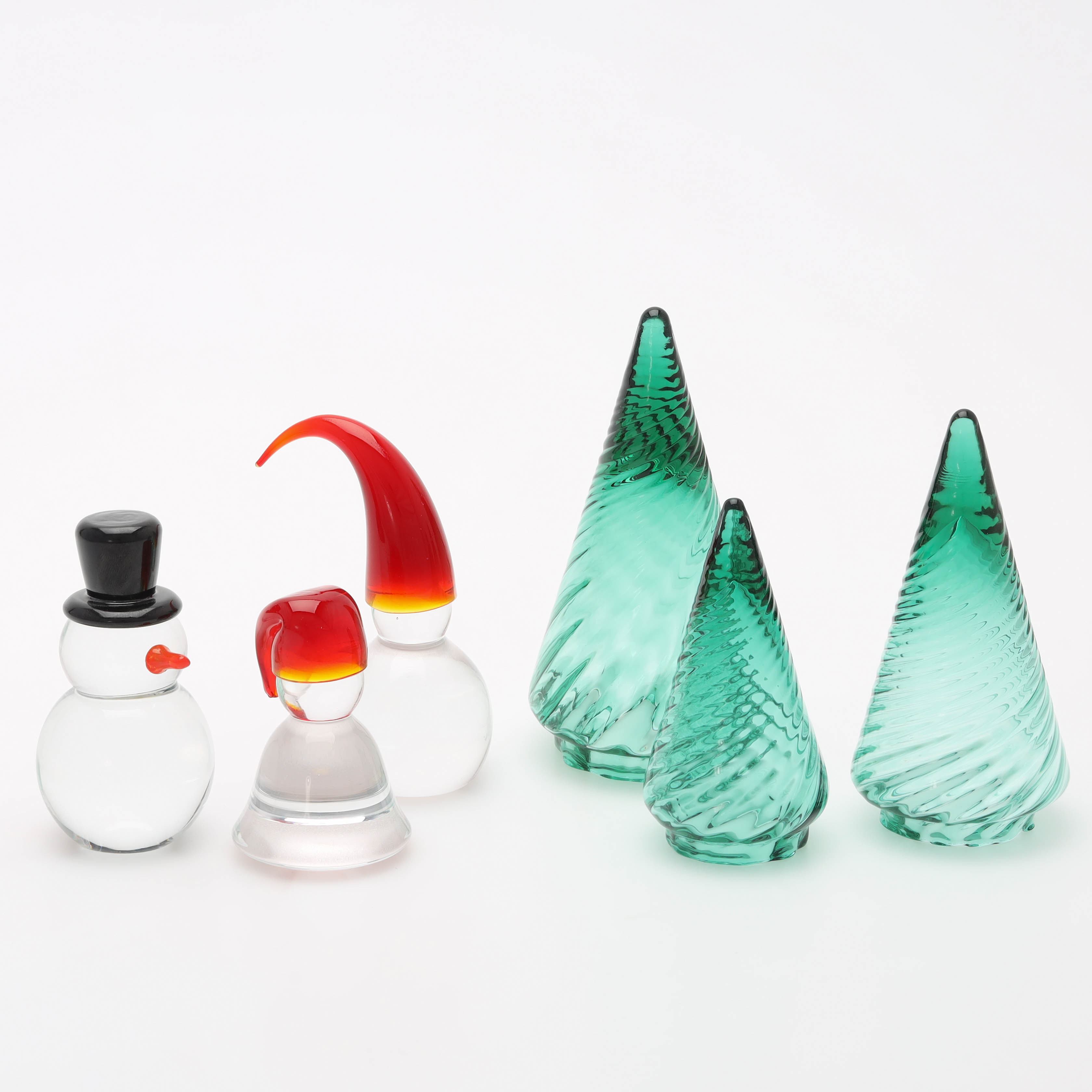 KONSTGLAS, 6 st, "Nisse" design Lena Hansson, julgranar & snögubbe, Hadeland.