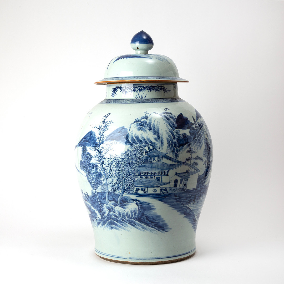 A Large Chinese Blue and White Baluster Jar with Cover.