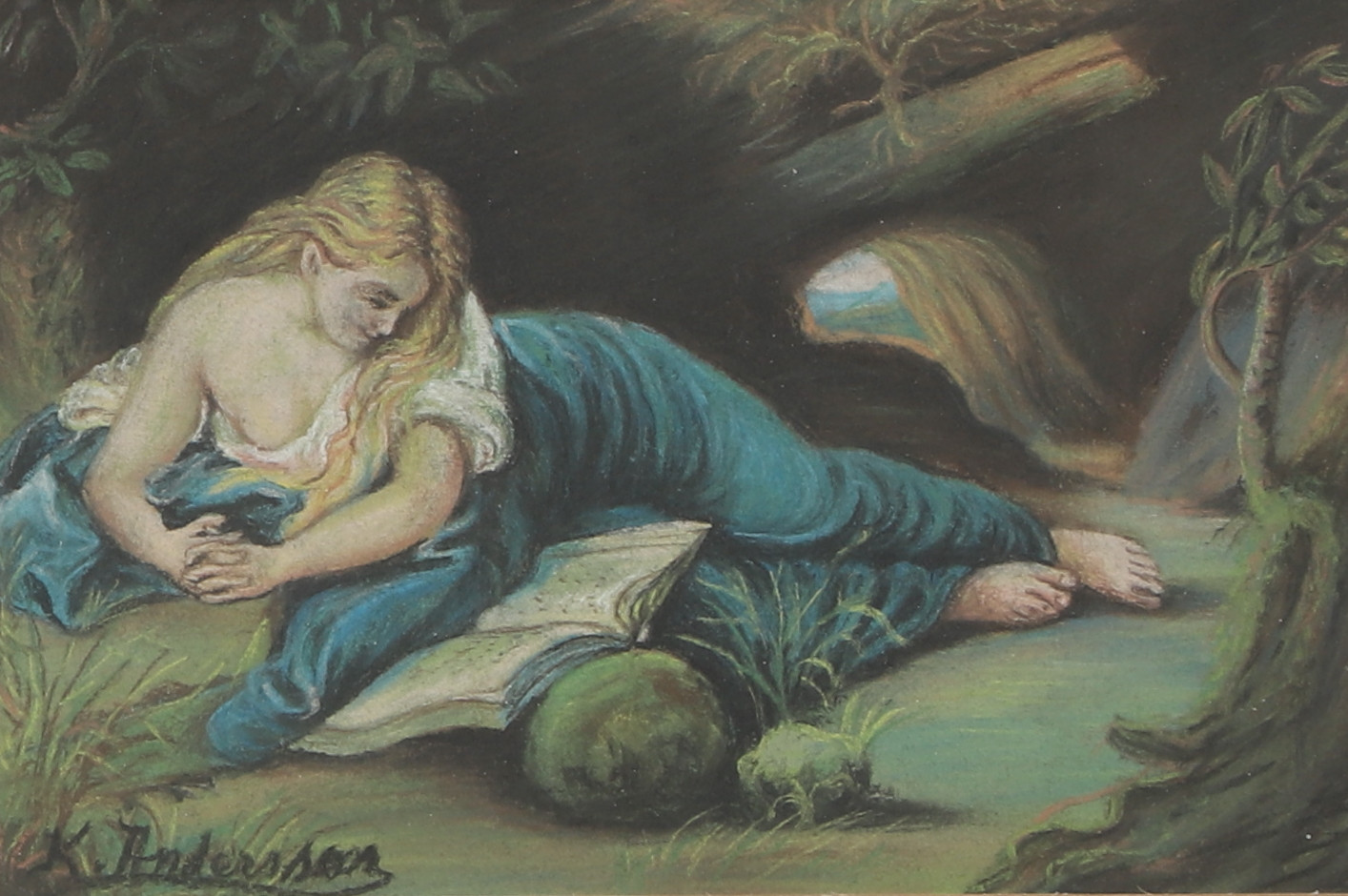 OIDENTIFIERAD KONSTNÄR. Pastell på papp, "Botfärdiga Magdalena", signerad.