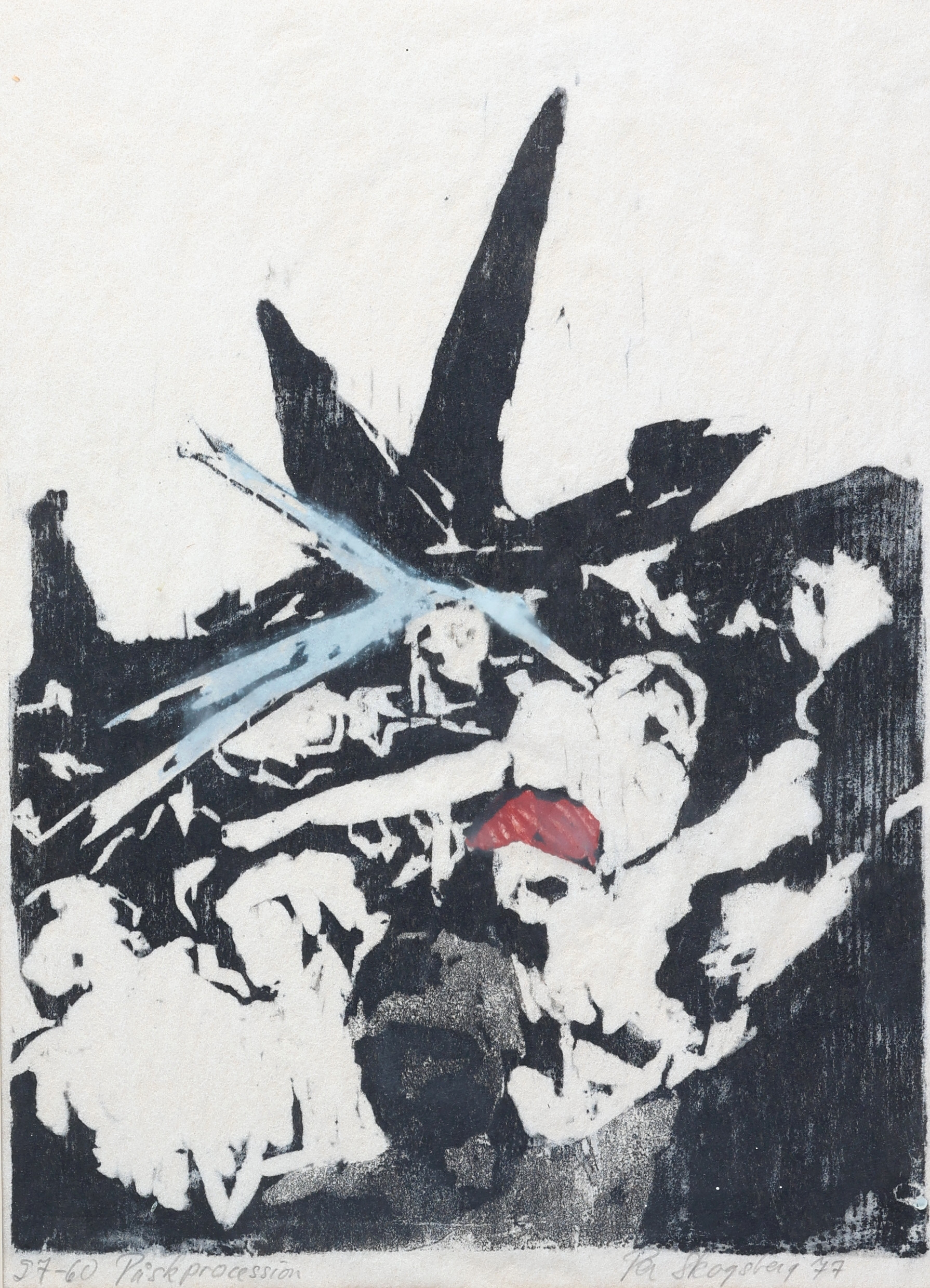 PER SKOGSBERG. Färgträsnitt, "Påskprocession", numrerad 57/60, signerad, daterad 77.