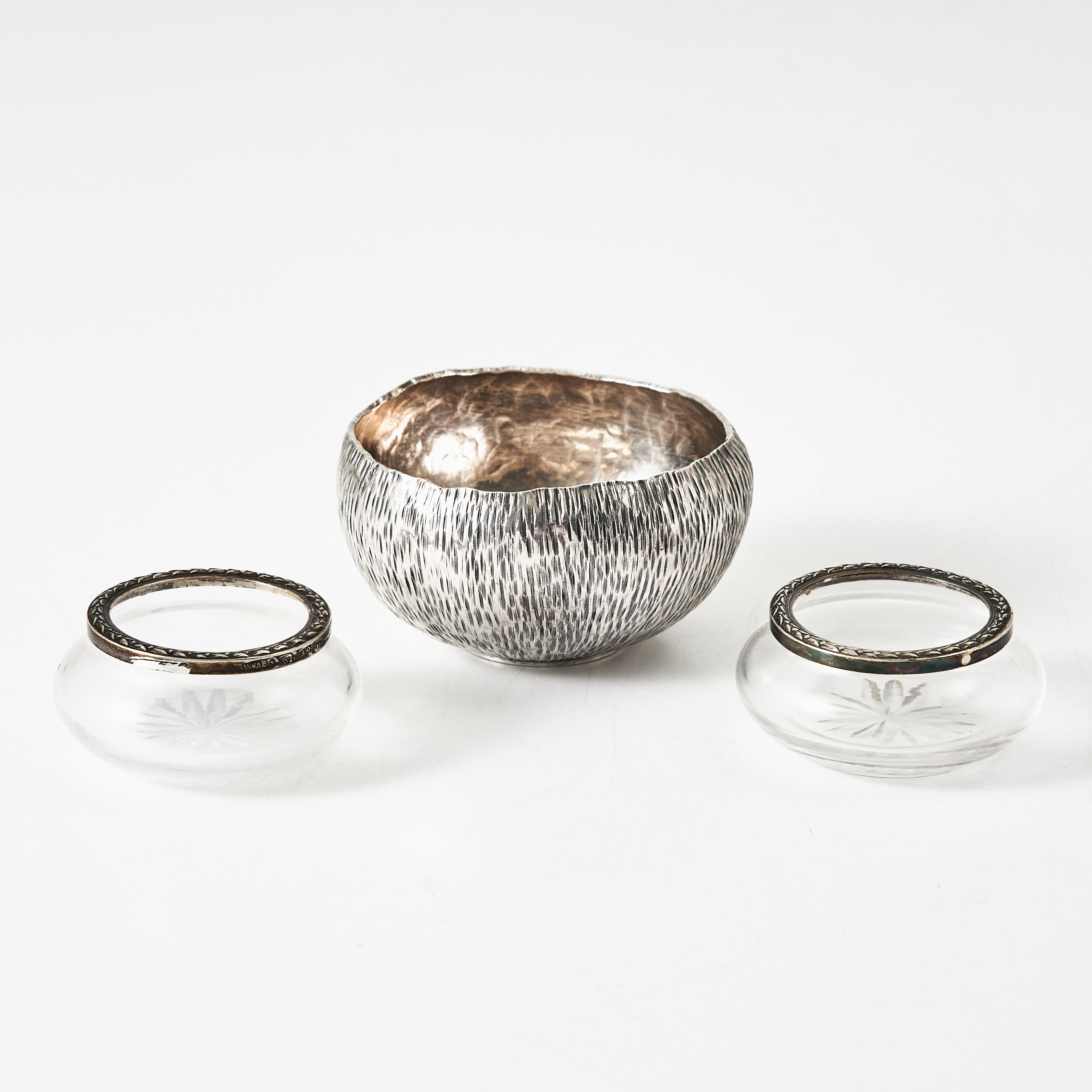 W.A. BOLIN, saltkar, 1 par, glas med beslag av silver, 1980.
