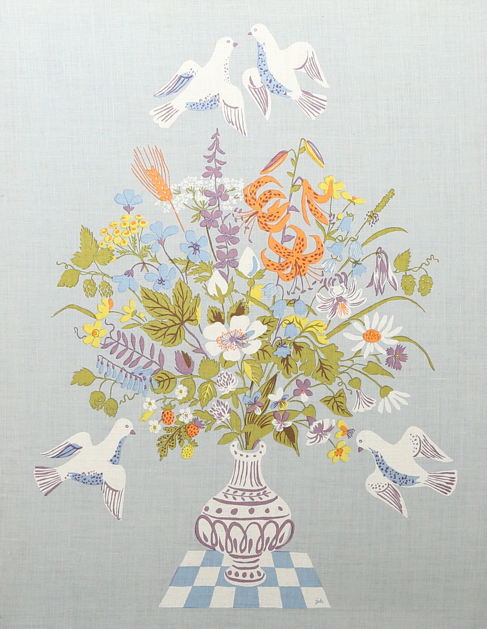LISBET JOBS. Stilleben med blommor, tryckt på textil, signerad i trycket Jobs.