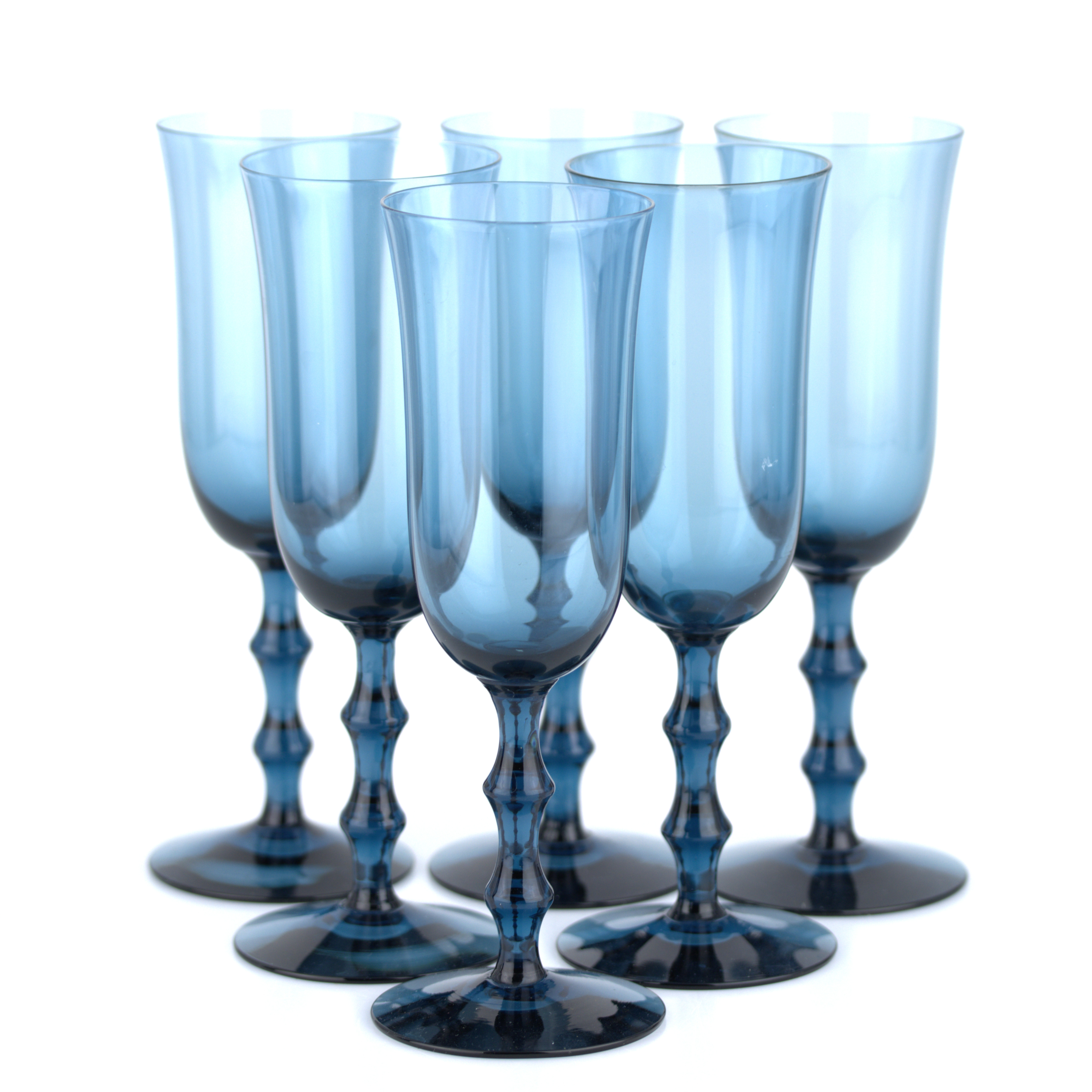 SIMON GATE. Champagneglas, 6 st, "Salut", blåtonat glas, Orrefors.