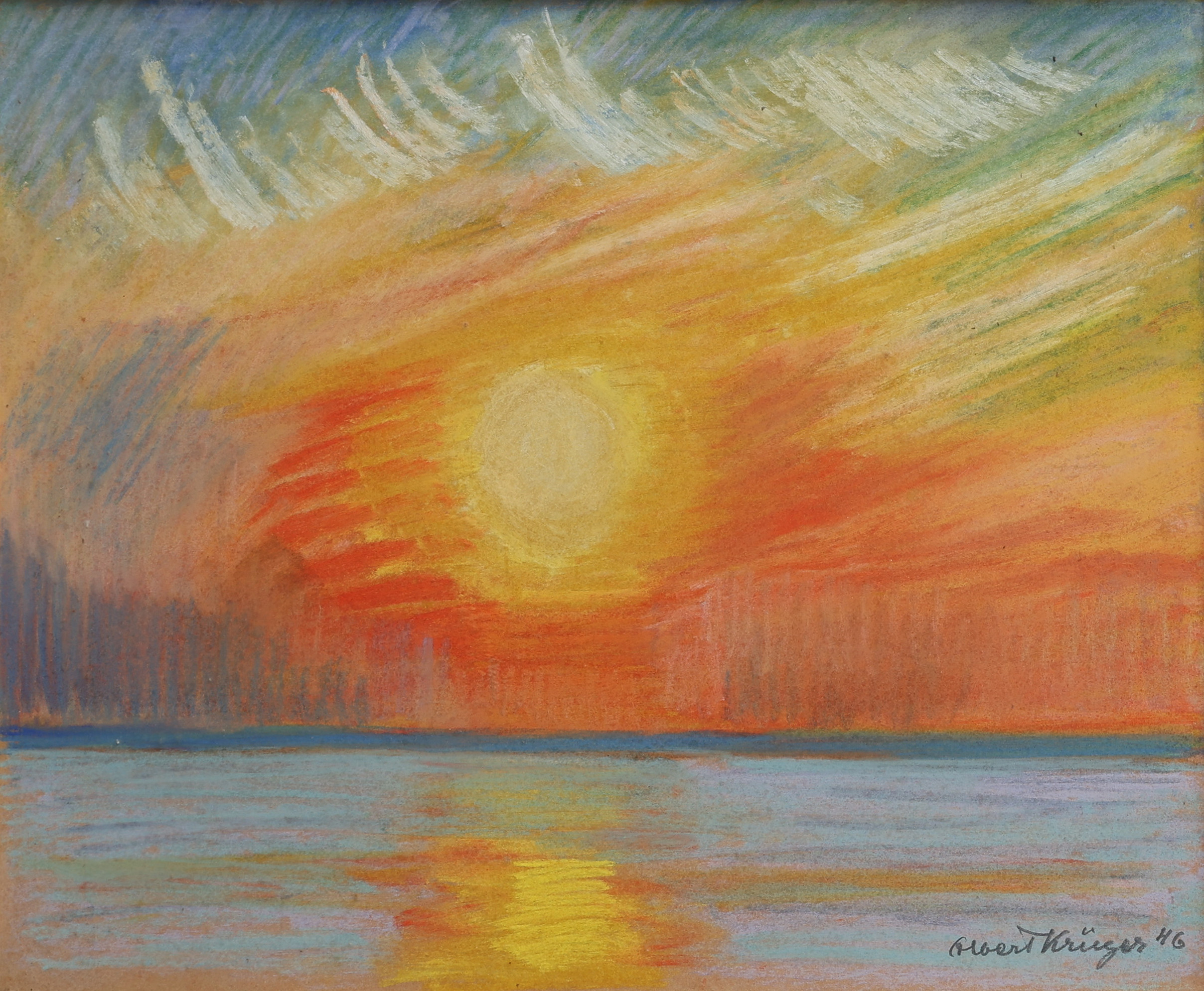 ALBERT KRÜGER. "Solnedgång", pastell, signerad 46.