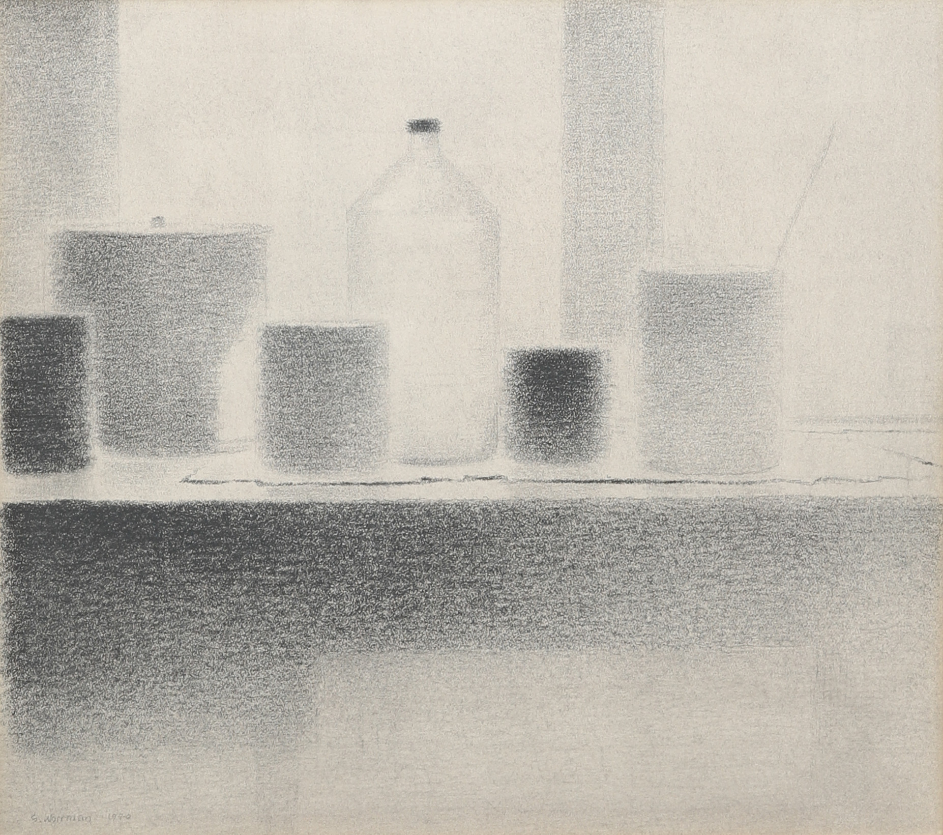 GUNNAR NORRMAN. "Från verkstaden", kolteckning, signerad och daterad 1970.