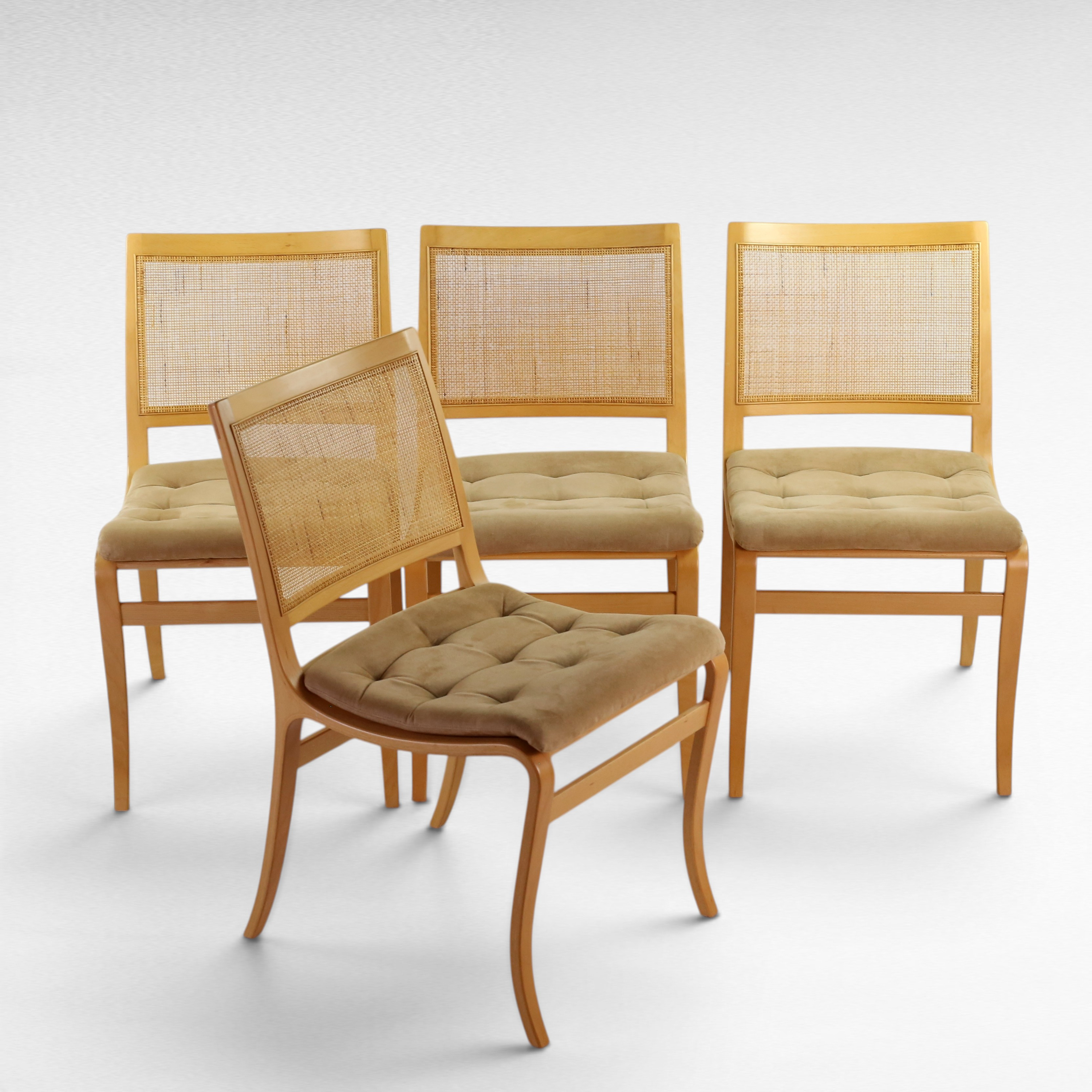BRUNO MATHSSON. Stolar, 4 st, "Kerstin", bok och rotting, mockaklädd avtagbar sittdyna, Dux, 1970-/80-tal.