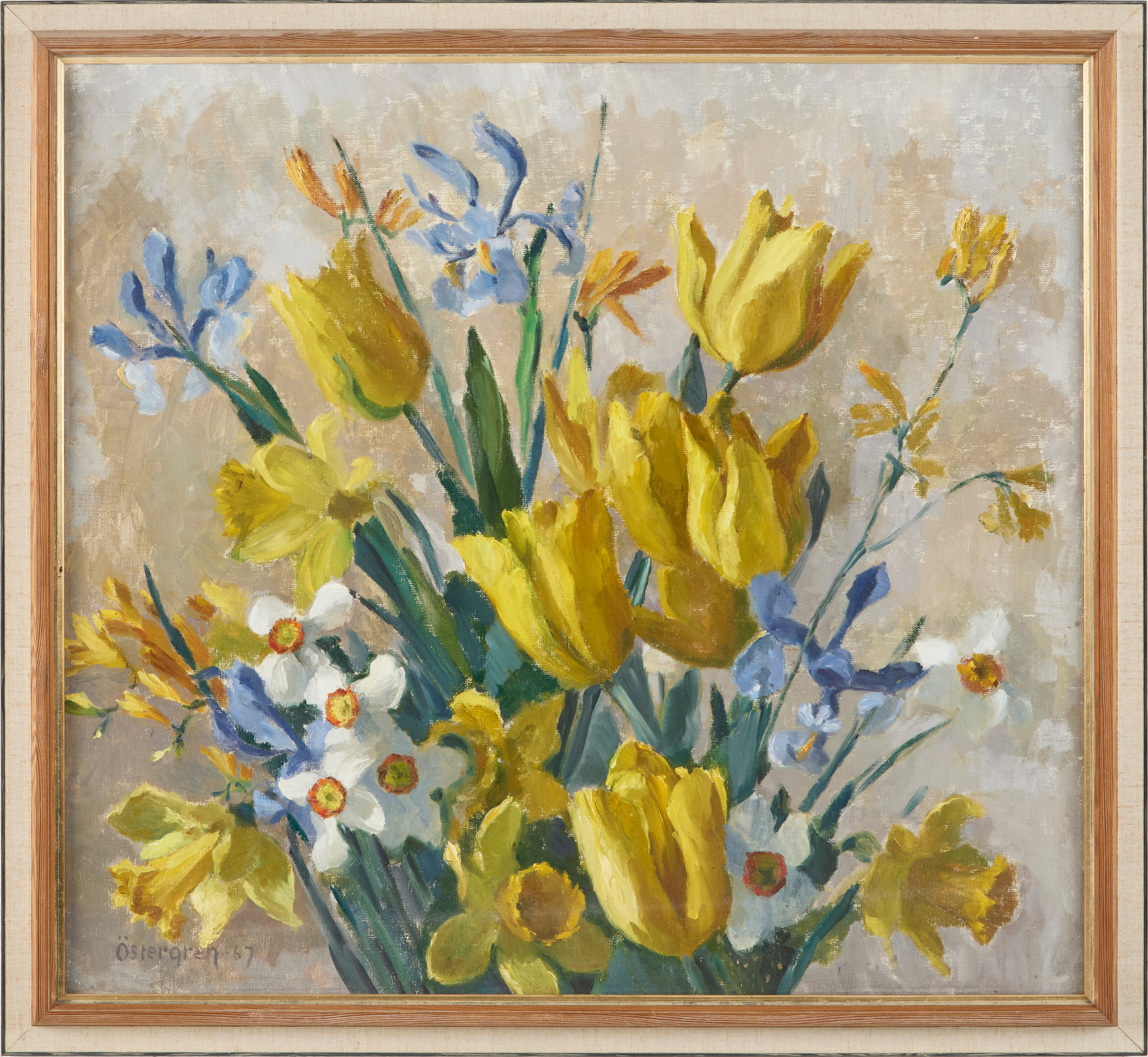 HARALD ÖSTERGREN, blomsterstilleben med vårblommor. Oljemålning på duk, signerad och daterad 67.