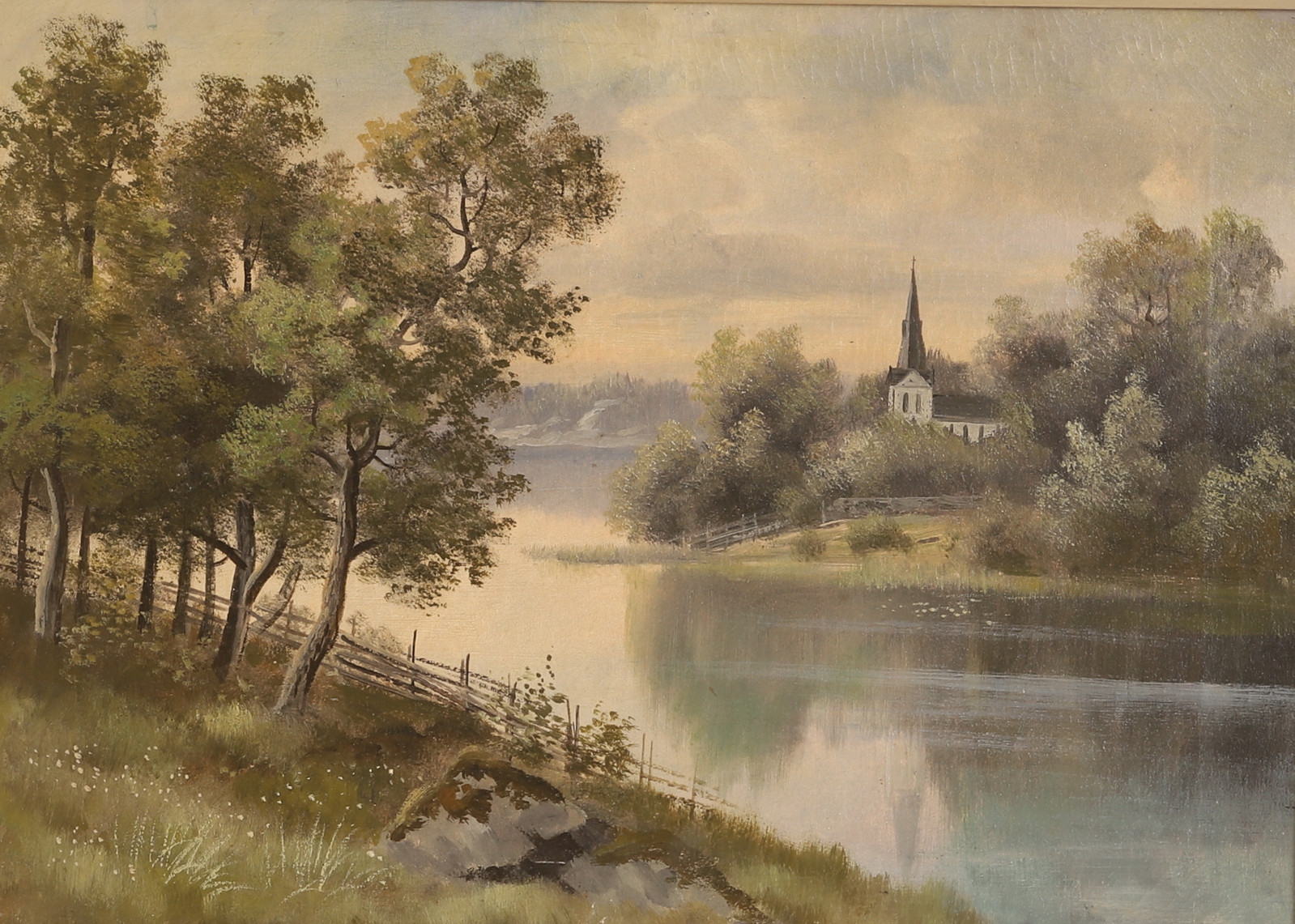 OKÄND KONSTNÄR, olja på duk, landskap med kyrka.