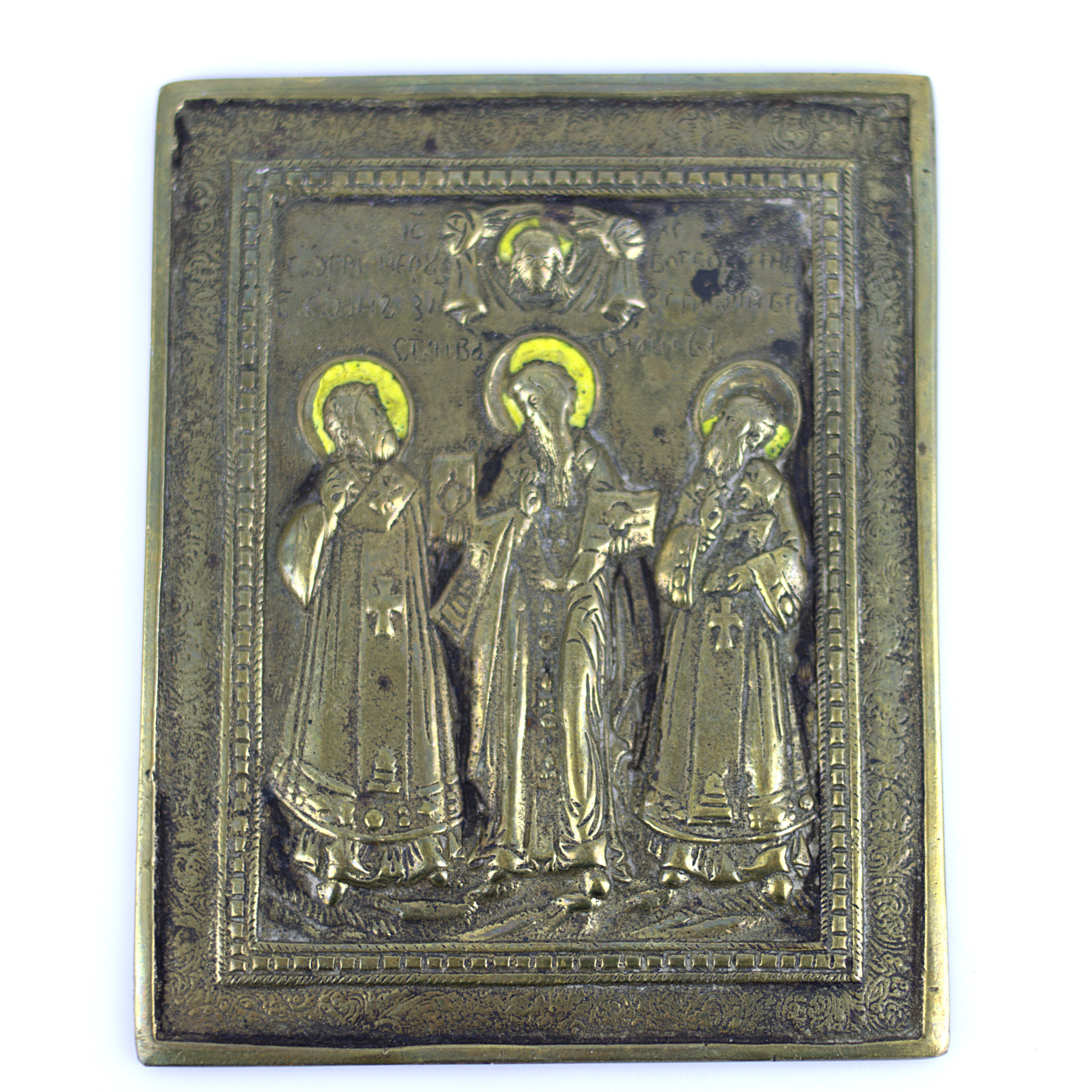 RESEIKON, tre heliga martyrhelgon, brännförgylld brons, Ryssland, 1800-tal.