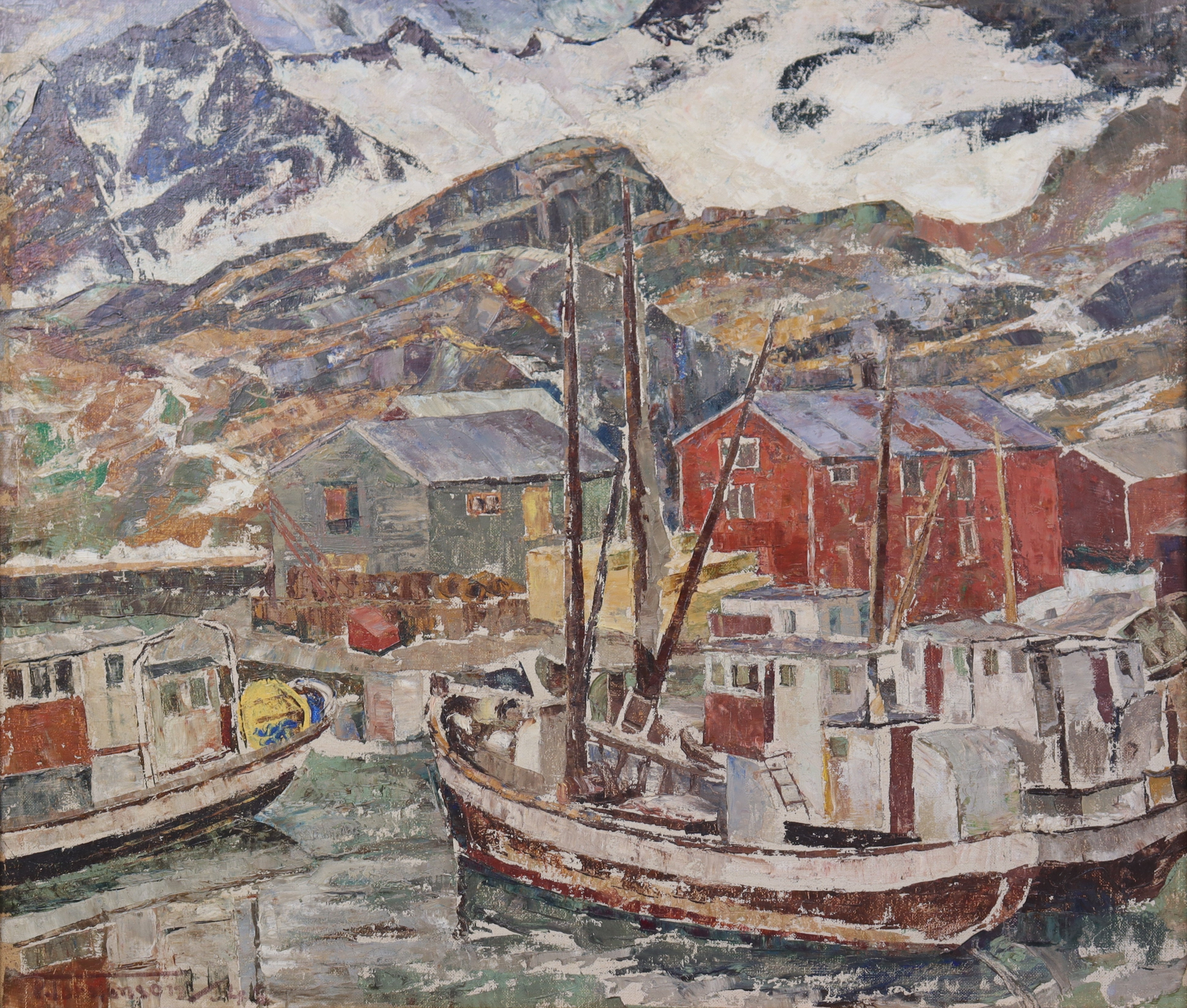 TORSTEN TORSTENSON. olja på pannå, "Fiskebåtar, Kabelvåg".