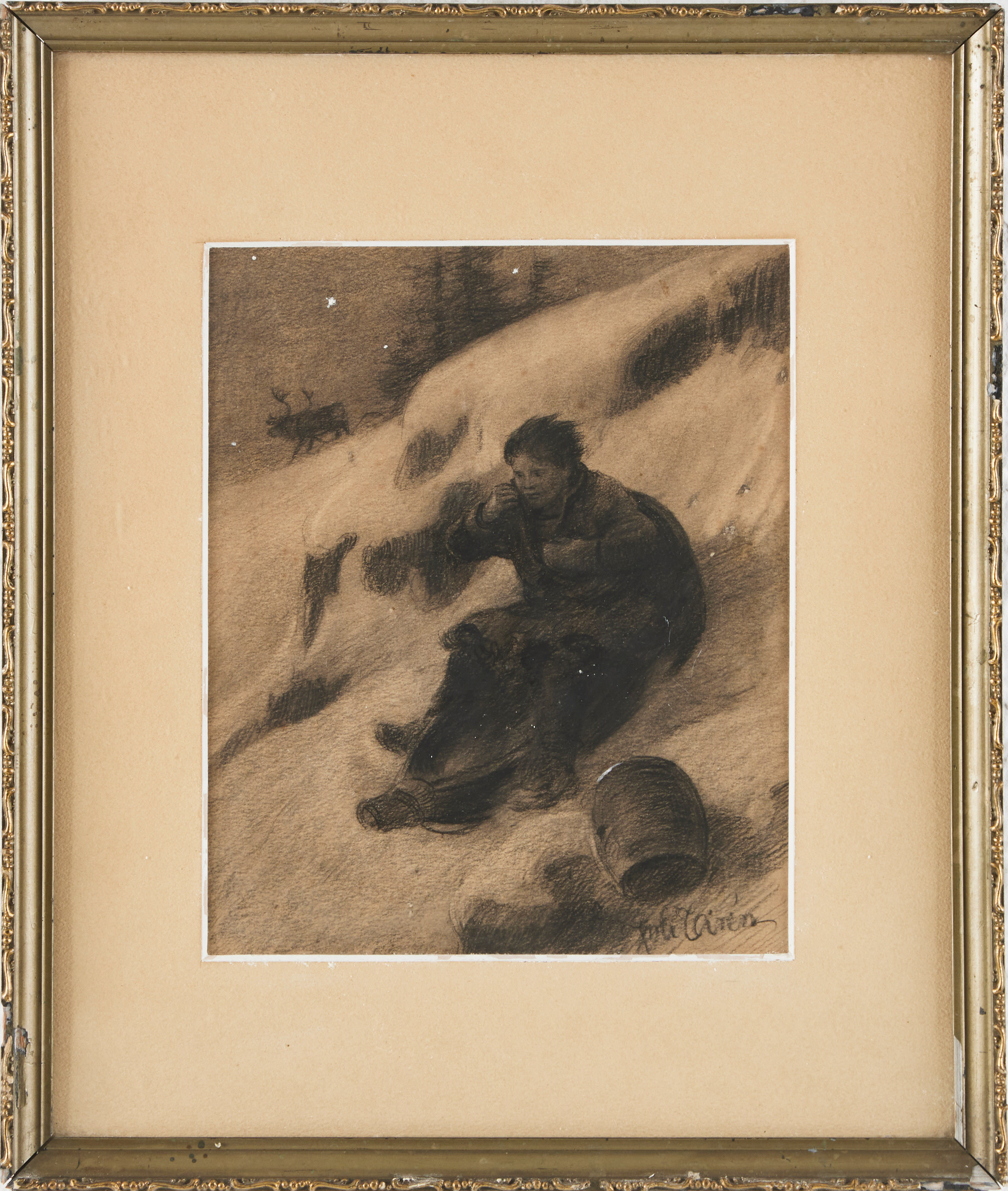 JOHAN TIRÉN (1853-1911). Fjällmotiv med ren och same i vinterlandskap, blyerts.