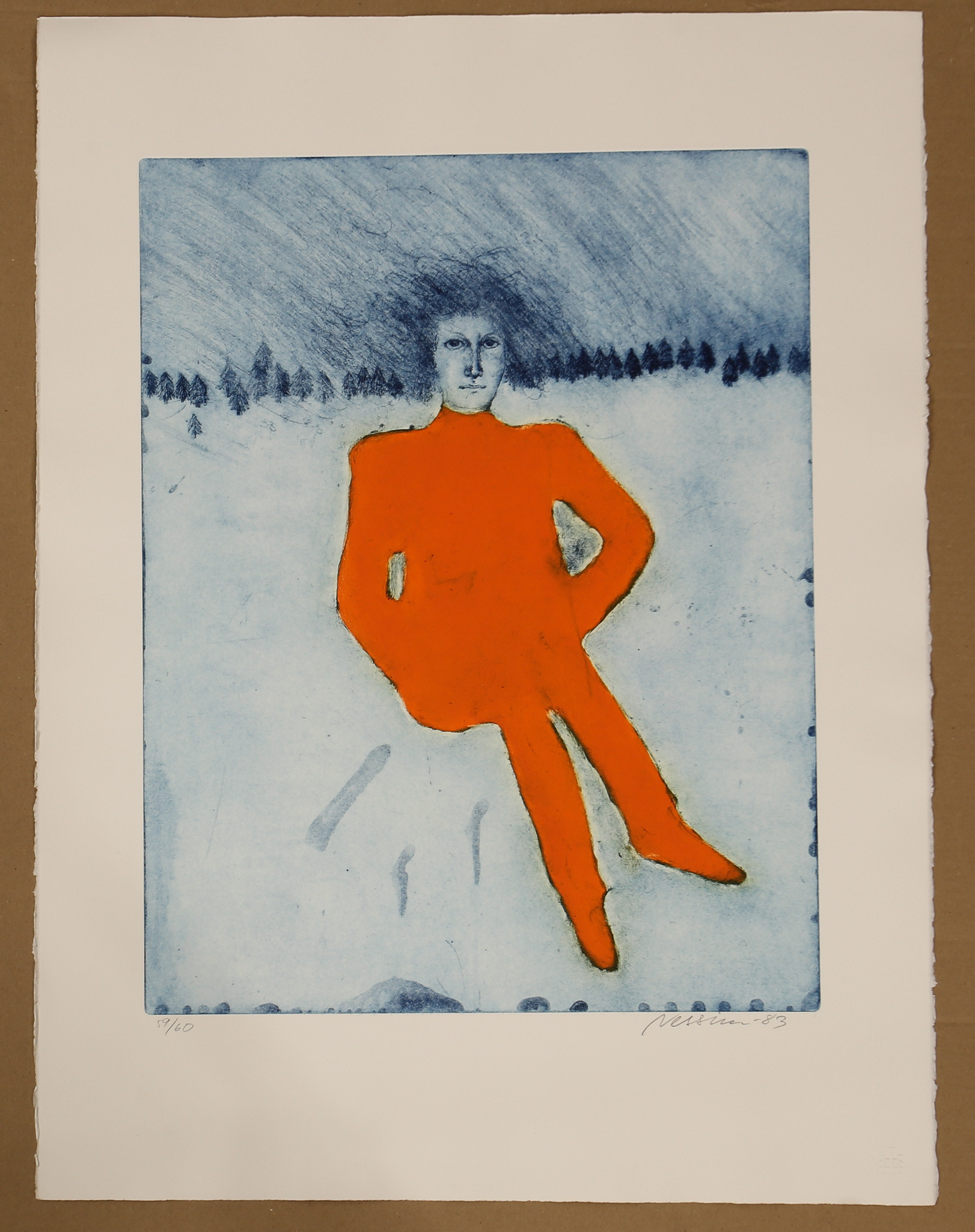 SUSANNE NESSIM. Etsning, kvinna i orange, numrerad 59/60, signerad,daterad 1983.