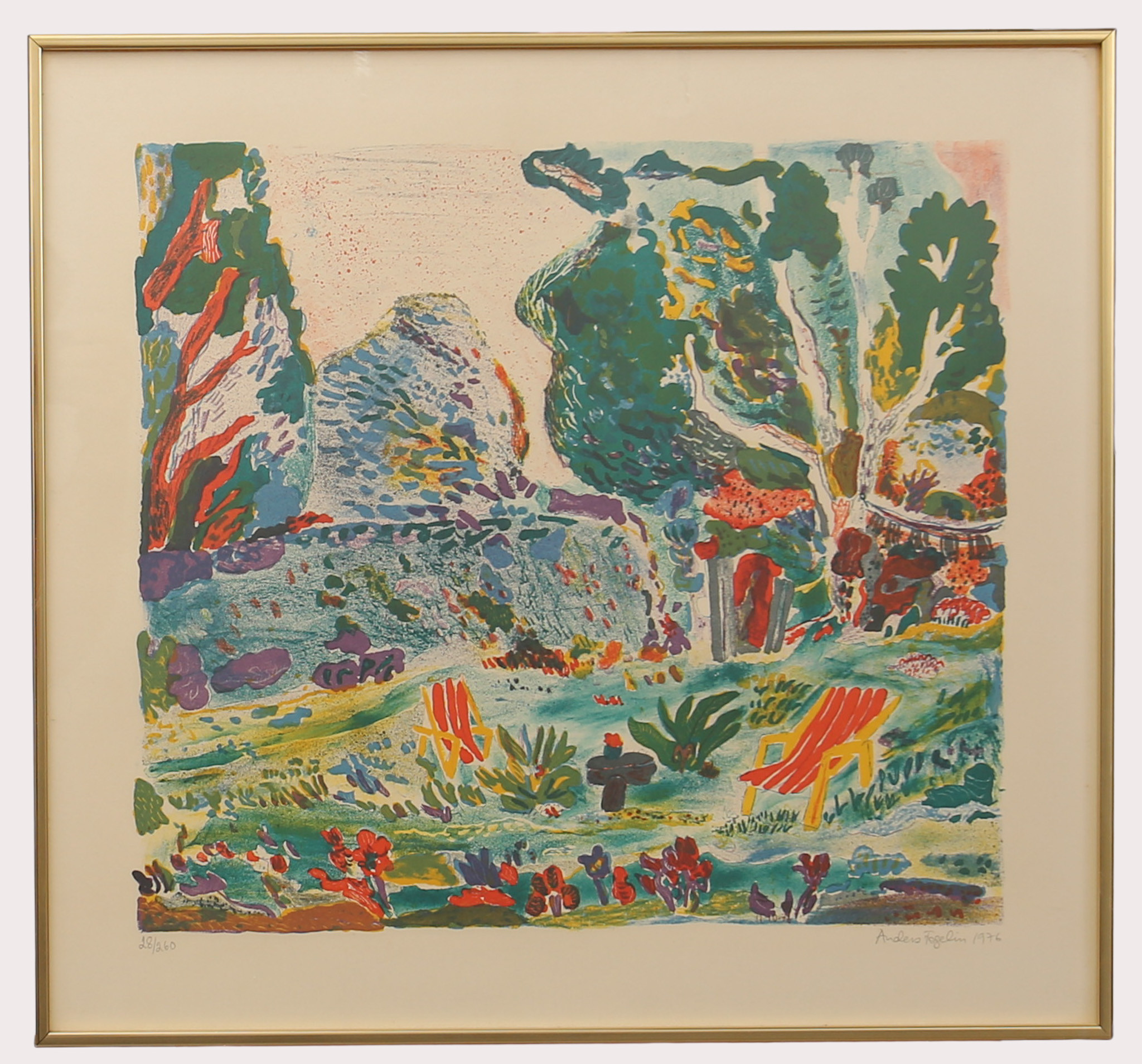 ANDERS FOGELIN. Färglitografi, trädgård med solstolar, numrerad 28/260, signerad, daterad 1976.