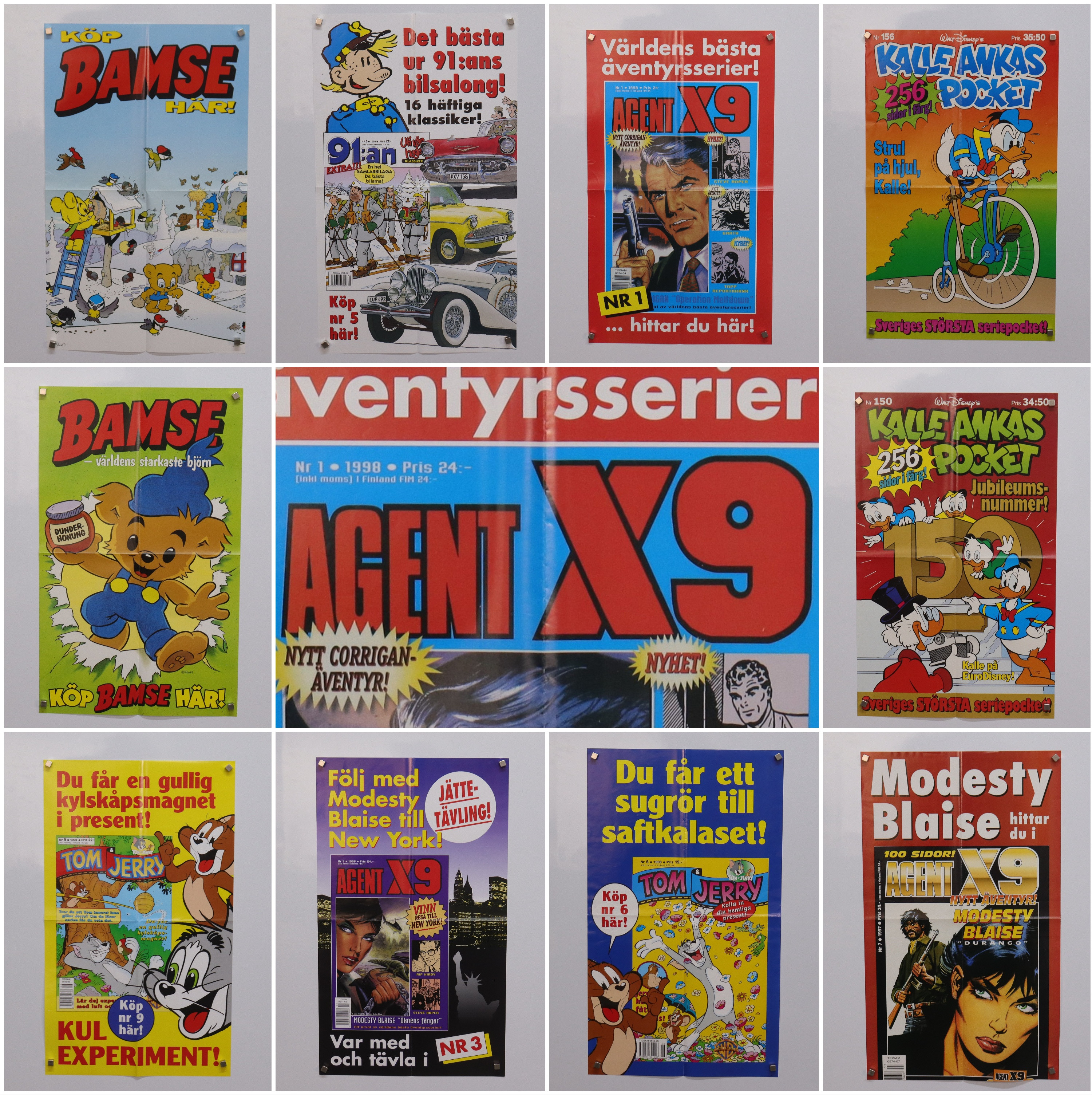 REKLAMAFFISCHER, Bamse, Tom & Jerry, 91:an, Agent X9, Kalle Ankas Pocket, för butik/kiosk, 1990-tal, 10 st.