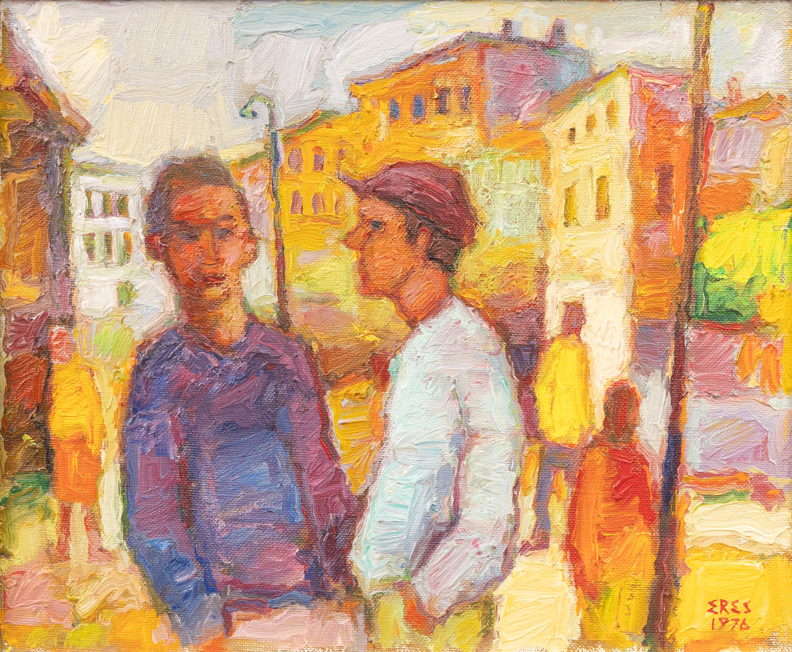 ARNOLD ERES (ESTLAND/SVERIGE, 1917-1986). "Småstadsbild 1976", olja på duk, signerad.