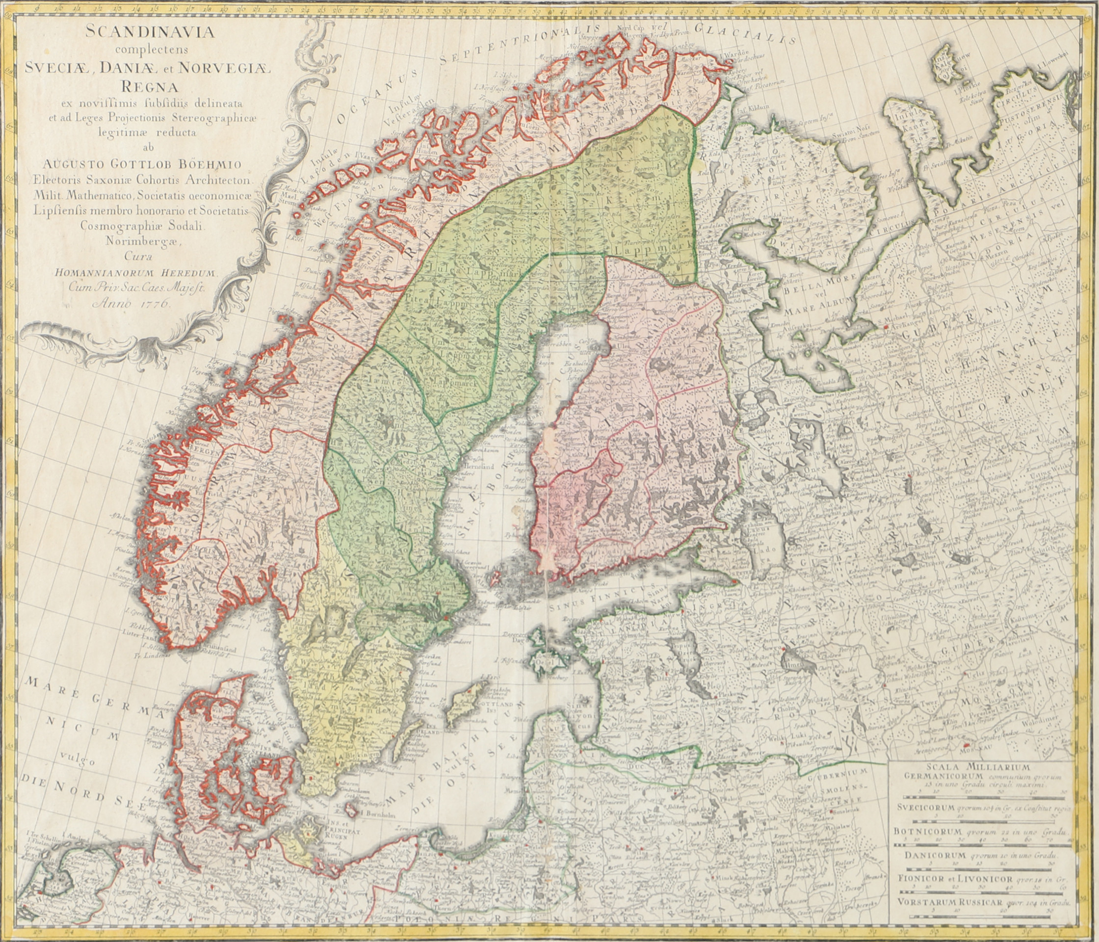 KARTA, Skandinavien, inramat tryck efter äldre förlaga från 1776.