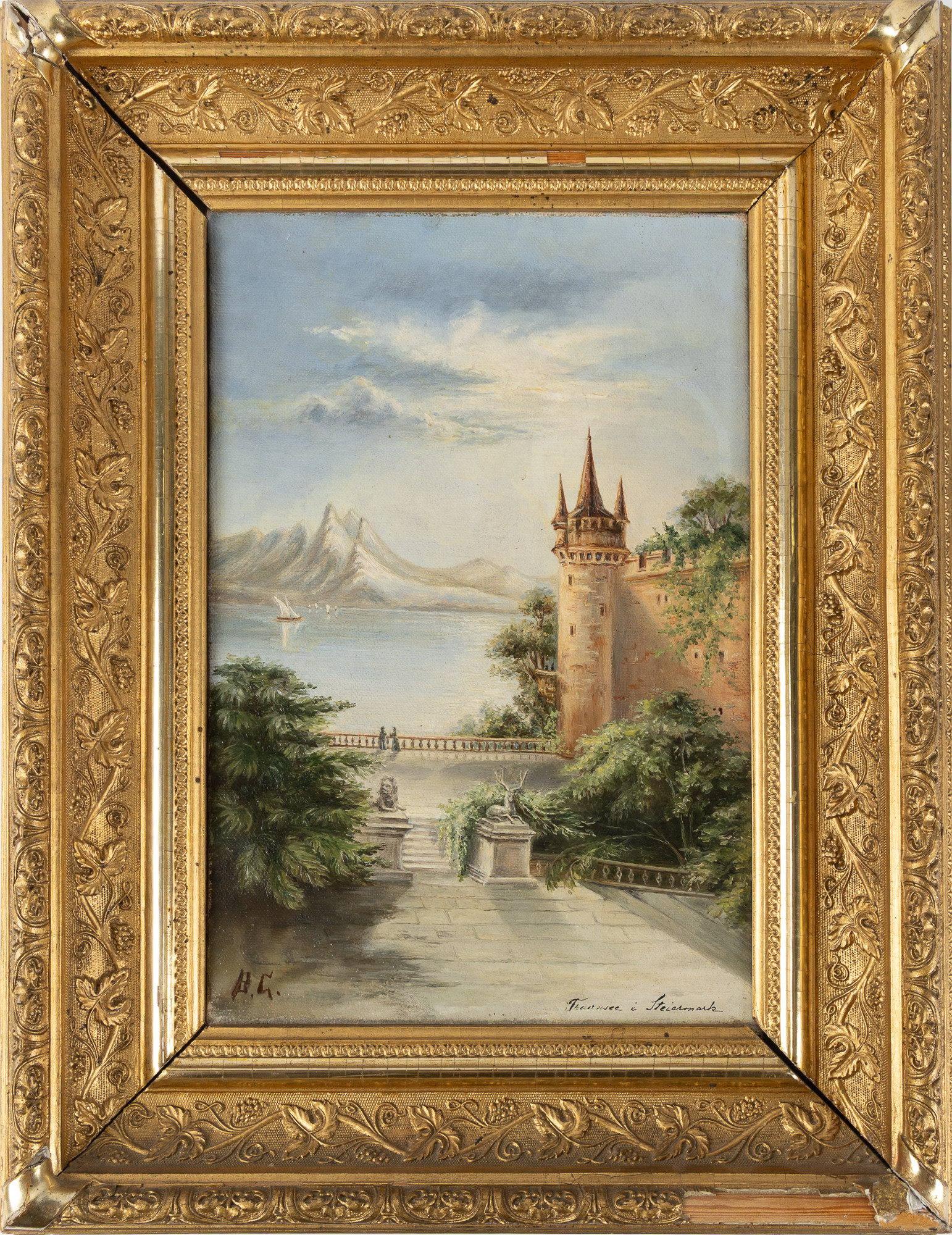 OIDENTIFIERAD KONSTNÄR. Alplandskap, Château de Chillon, Schweiz, olja på duk.