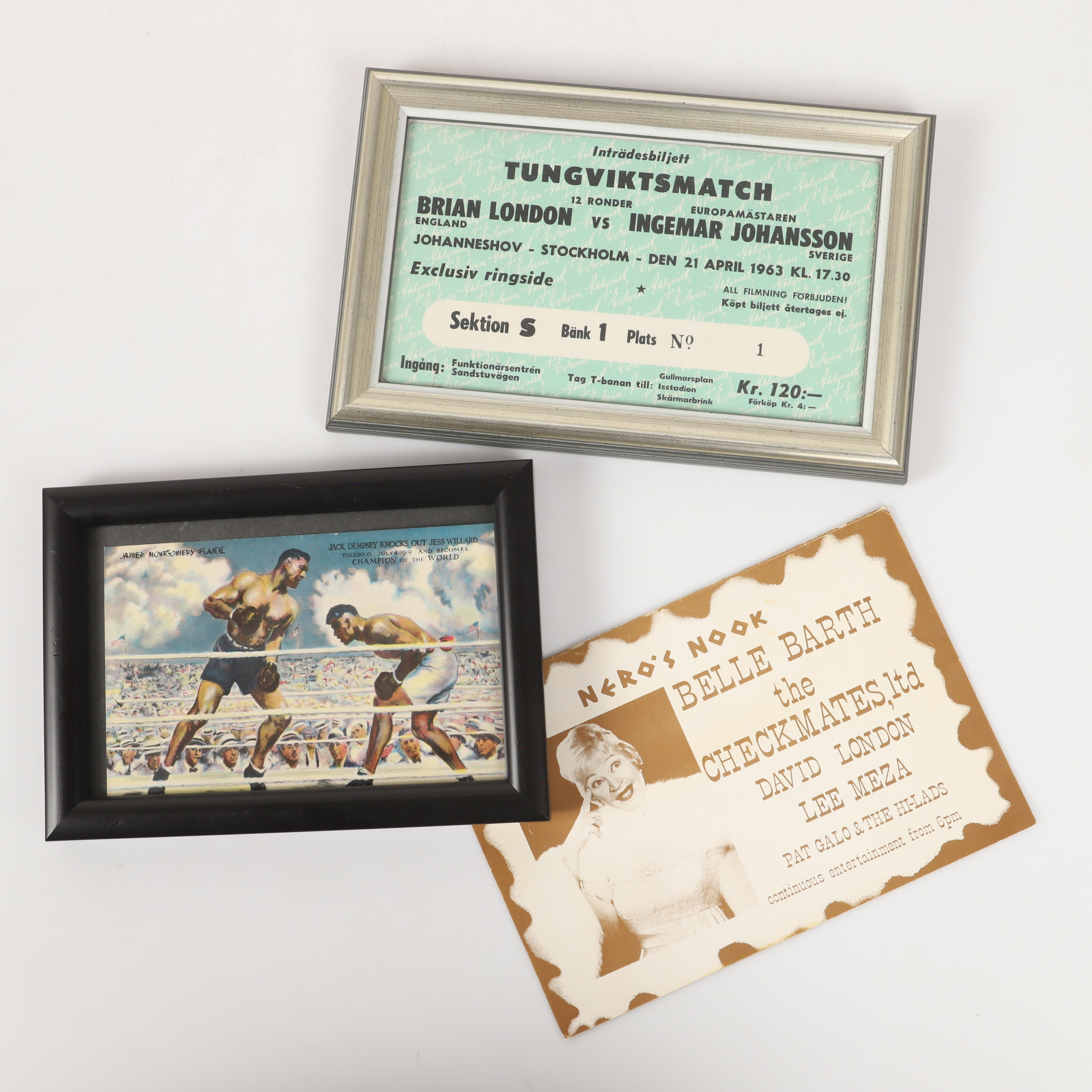BOXNINGSMEMORIA, med bl. a. autografer av Jack Dempsey och Joe Louis.