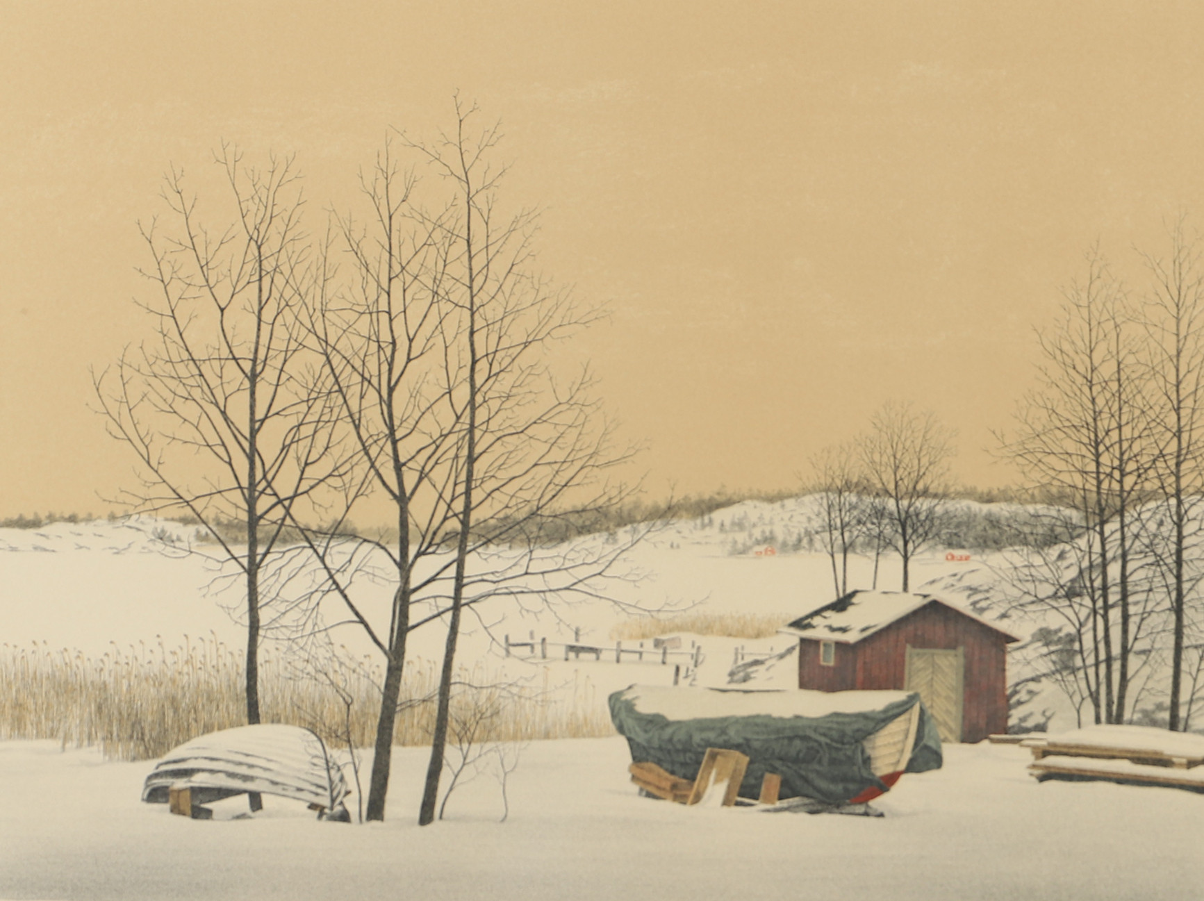 REINHOLD LJUNGGREN. Vinterlandskap, färglitografi, signerad R. Ljunggren.