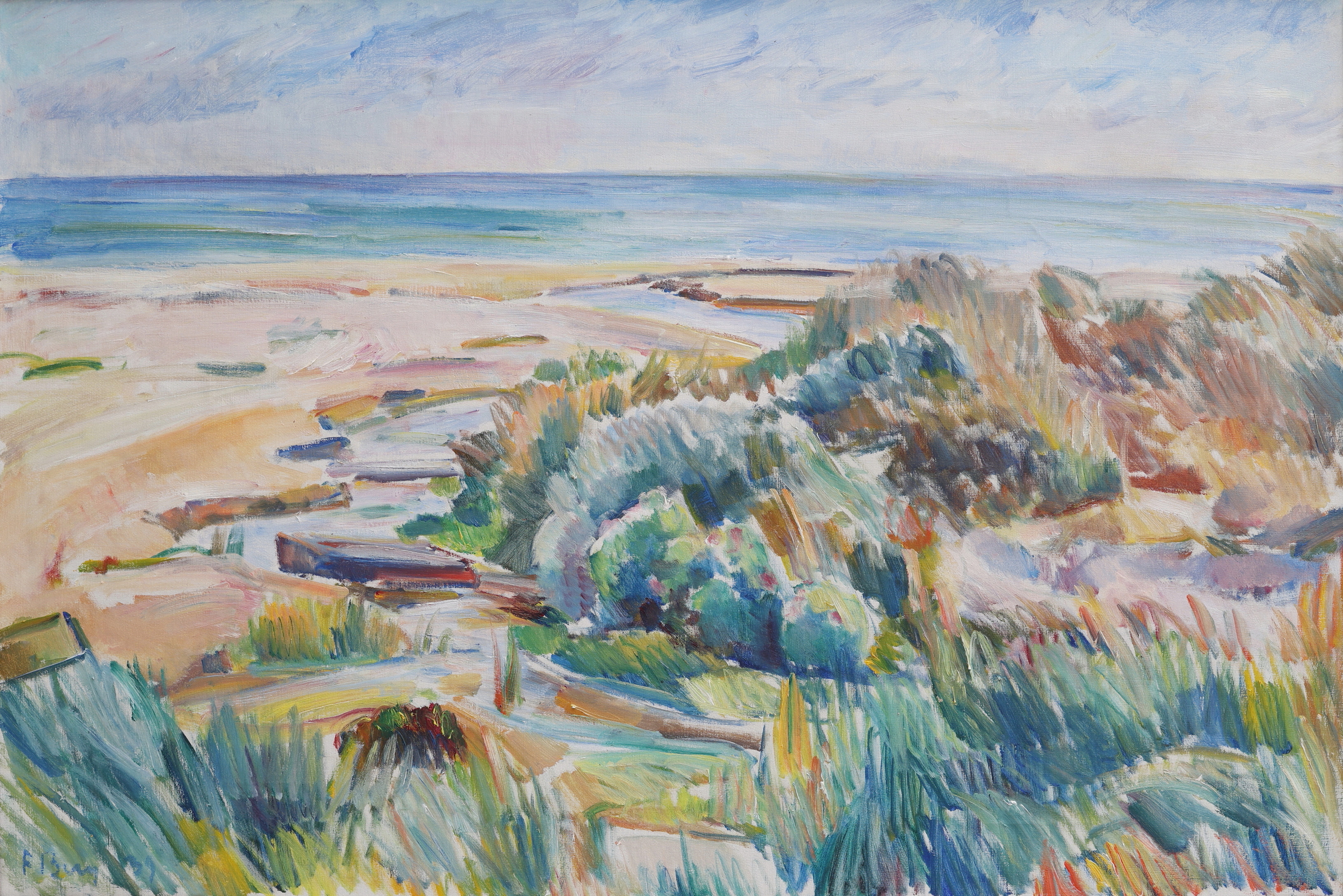FRANS BERG 1892-1949. OLJA PÅ DUK, STRANDMOTIV, SIGNERAD OCH DATERAD 1939.