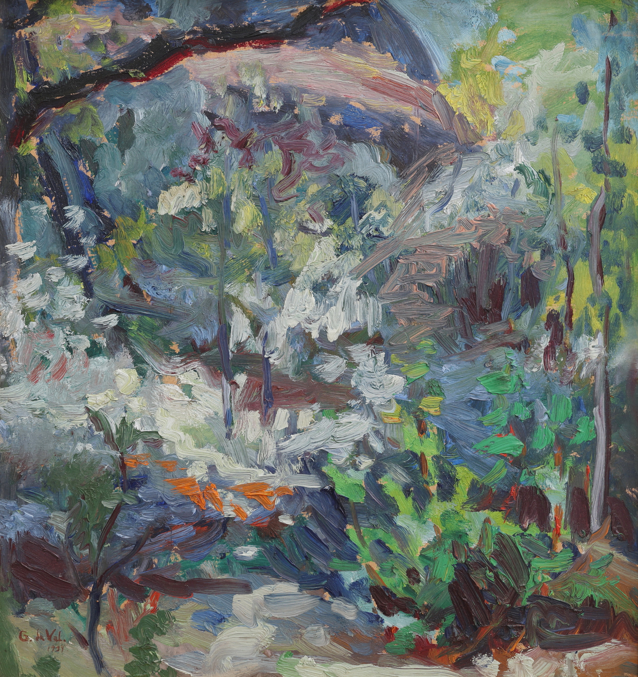 GERTRUD DE VAL LINÉR 1899-1993. OLJA PÅ PANNÅ, VÄXTLIGHET, SIGNERAD OCH DATERAD 1934.