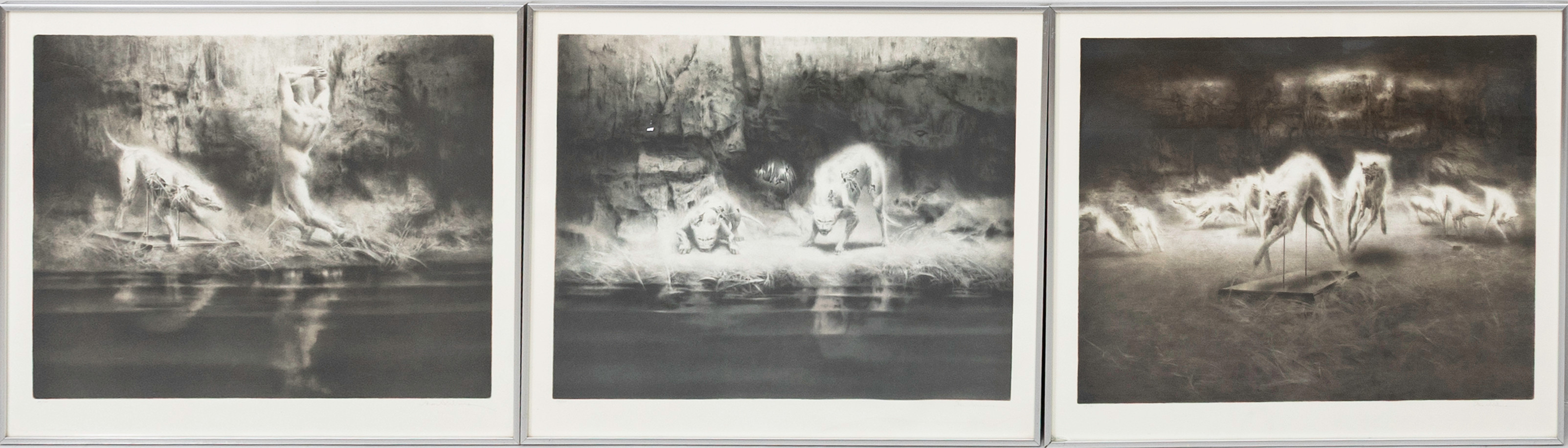 ÅKE AHLBERG. "Pablos hundar" triptyk, litografier, signerade. numrerad 105/150.