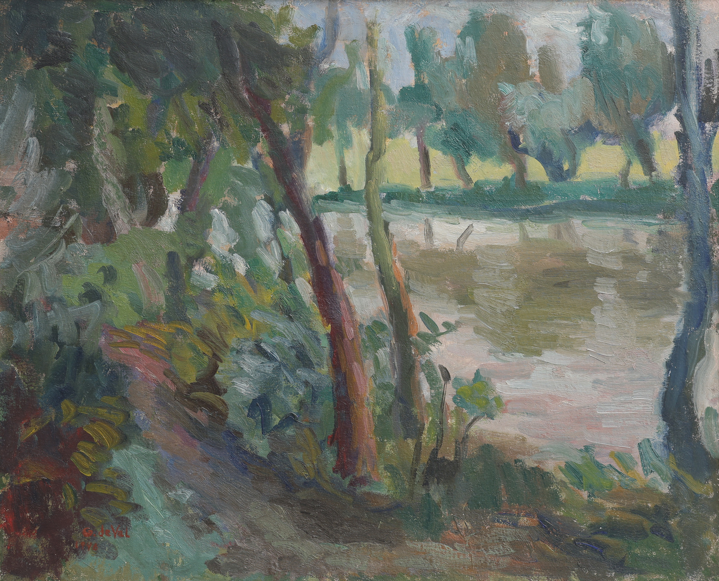 GERTRUD DE VAL LINÉR 1899-1993. OLJA PÅ DUK, "KVARNDAMMEN VID GISSLEBERGA", SIGNERAD OCH DATERAD 1946.