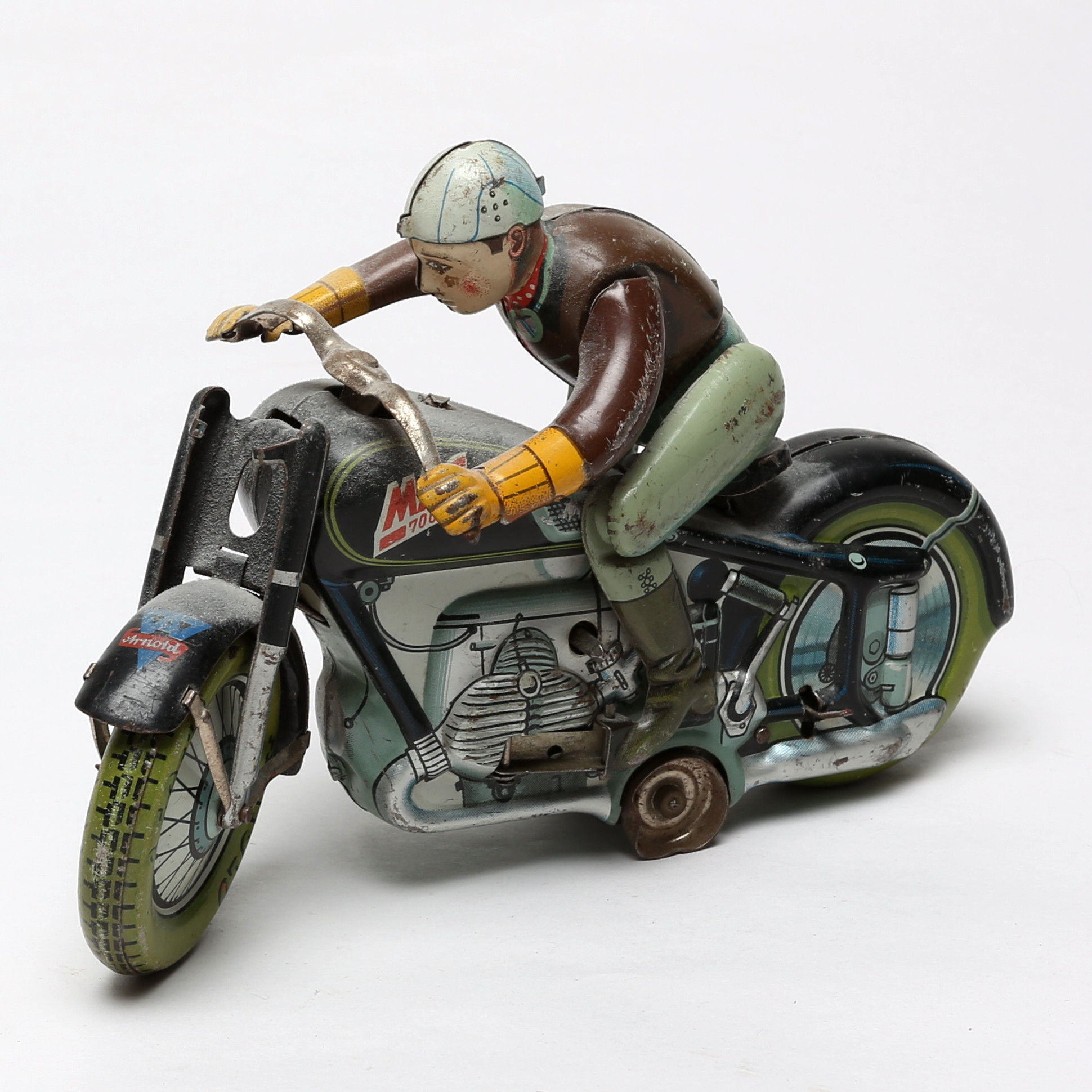 LEKSAKSMOTORCYKEL, plåt, mekanisk, Arnold, Mac, ca 1940/50-tal.