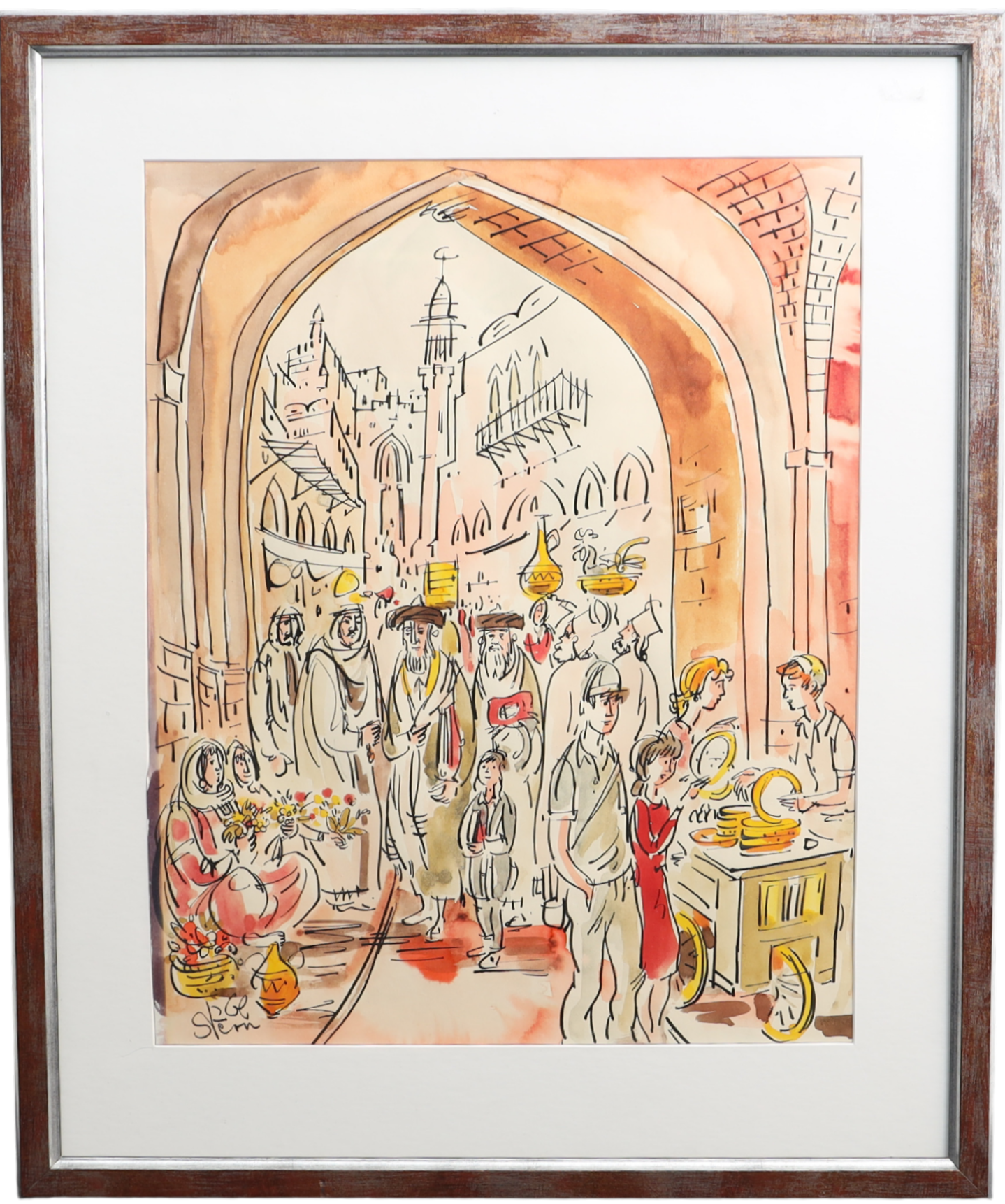YOSSI STERN. Stadsbild med figurer, akvarell, signerad.