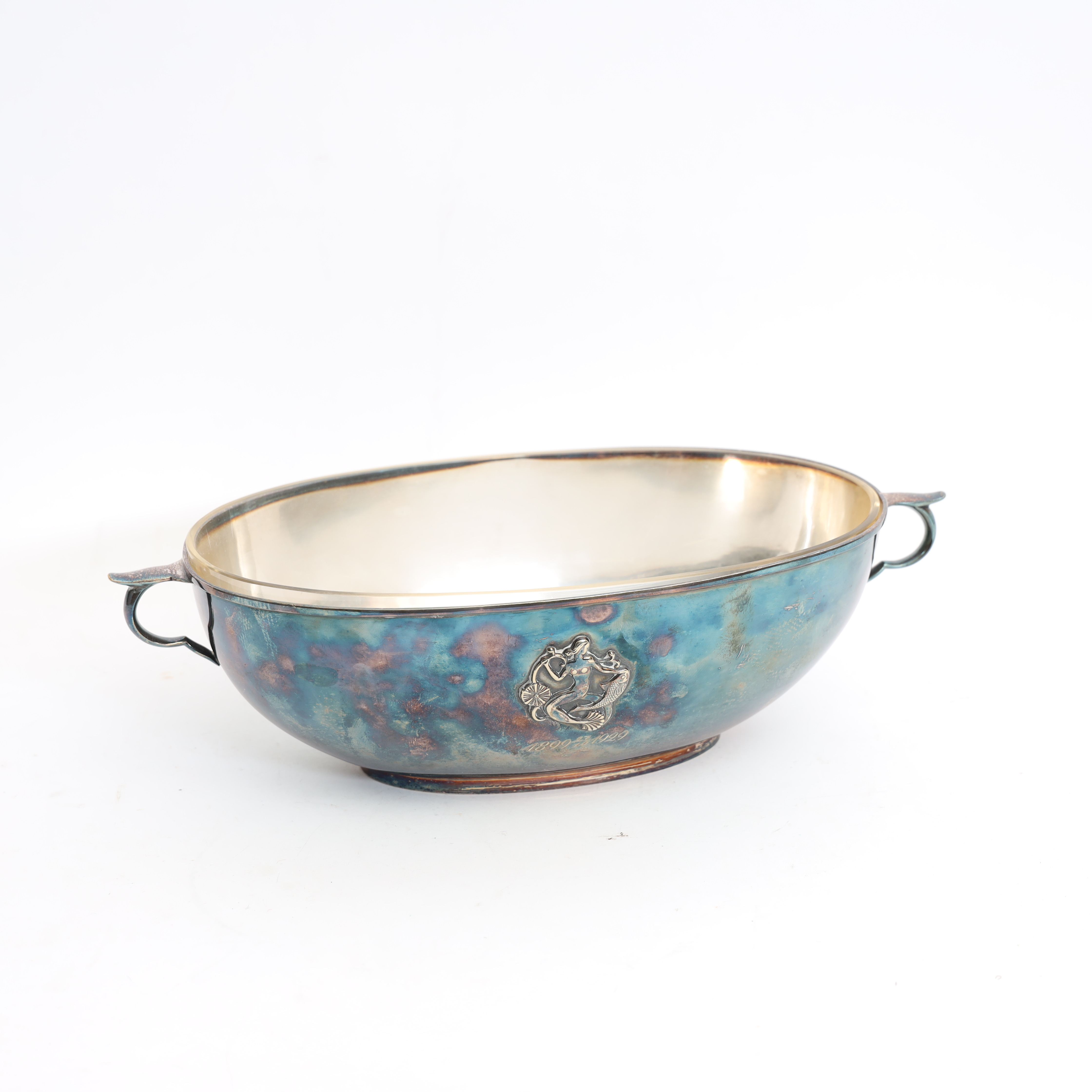 JARDINIERE, daterad 1929, swedish grace, nysilver med reliefdekor och dubbla hänklar, insats i glas.