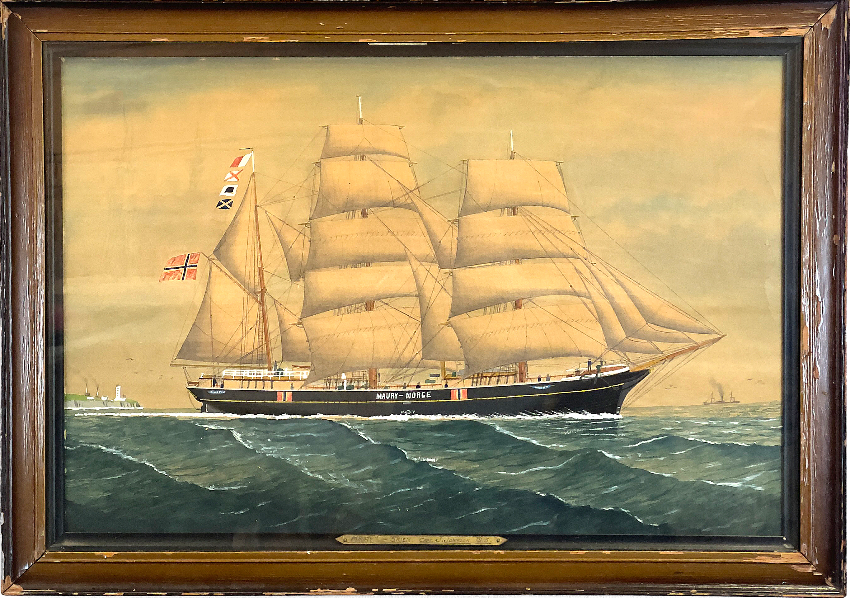JOHN JOHNSEN (Norge), akvarell, segelfartyget "Maury av Skien", Norge, 1915, brickmärkt.
