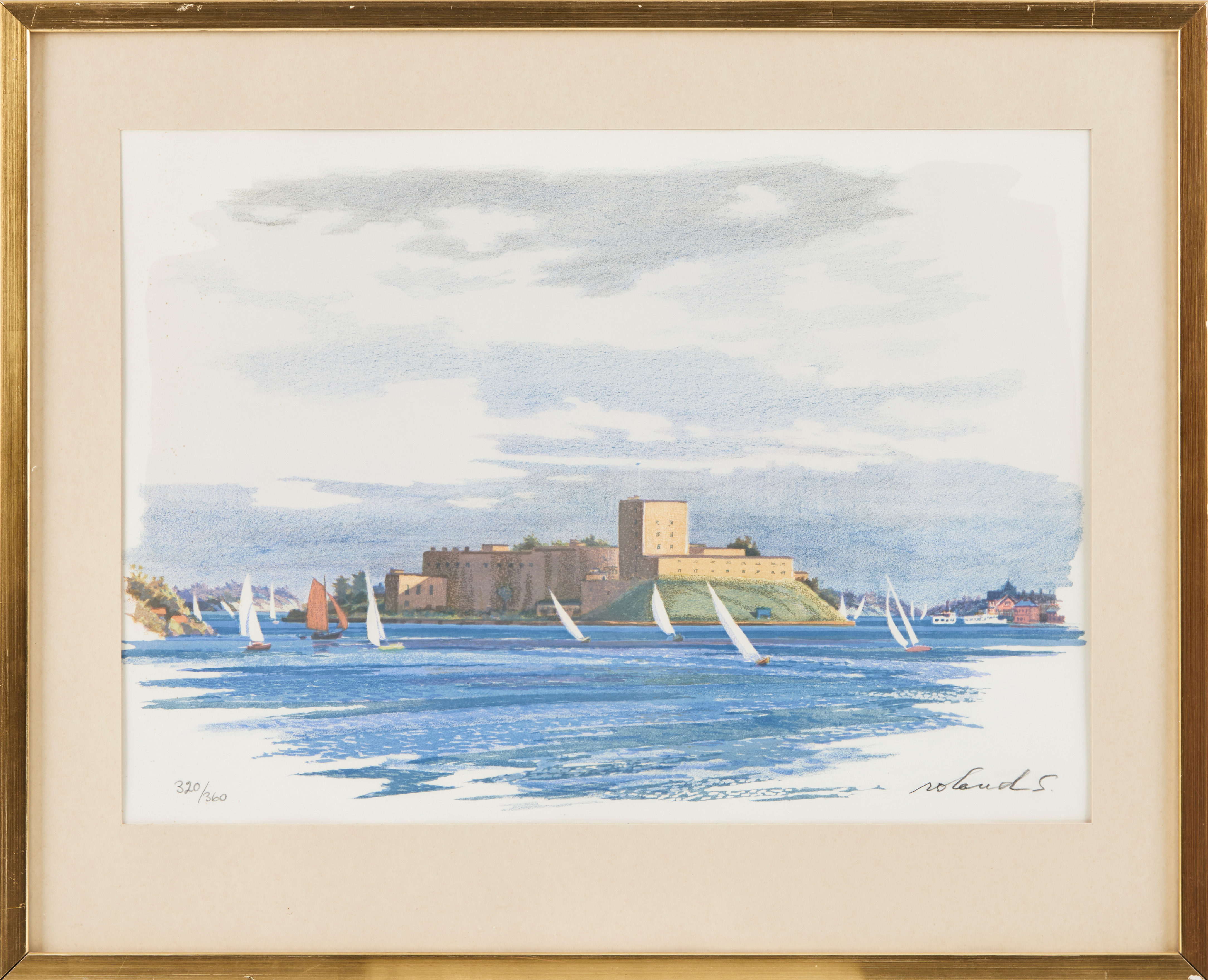 ROLAND SVENSSON. "Vaxholms kastell", färglitografi.