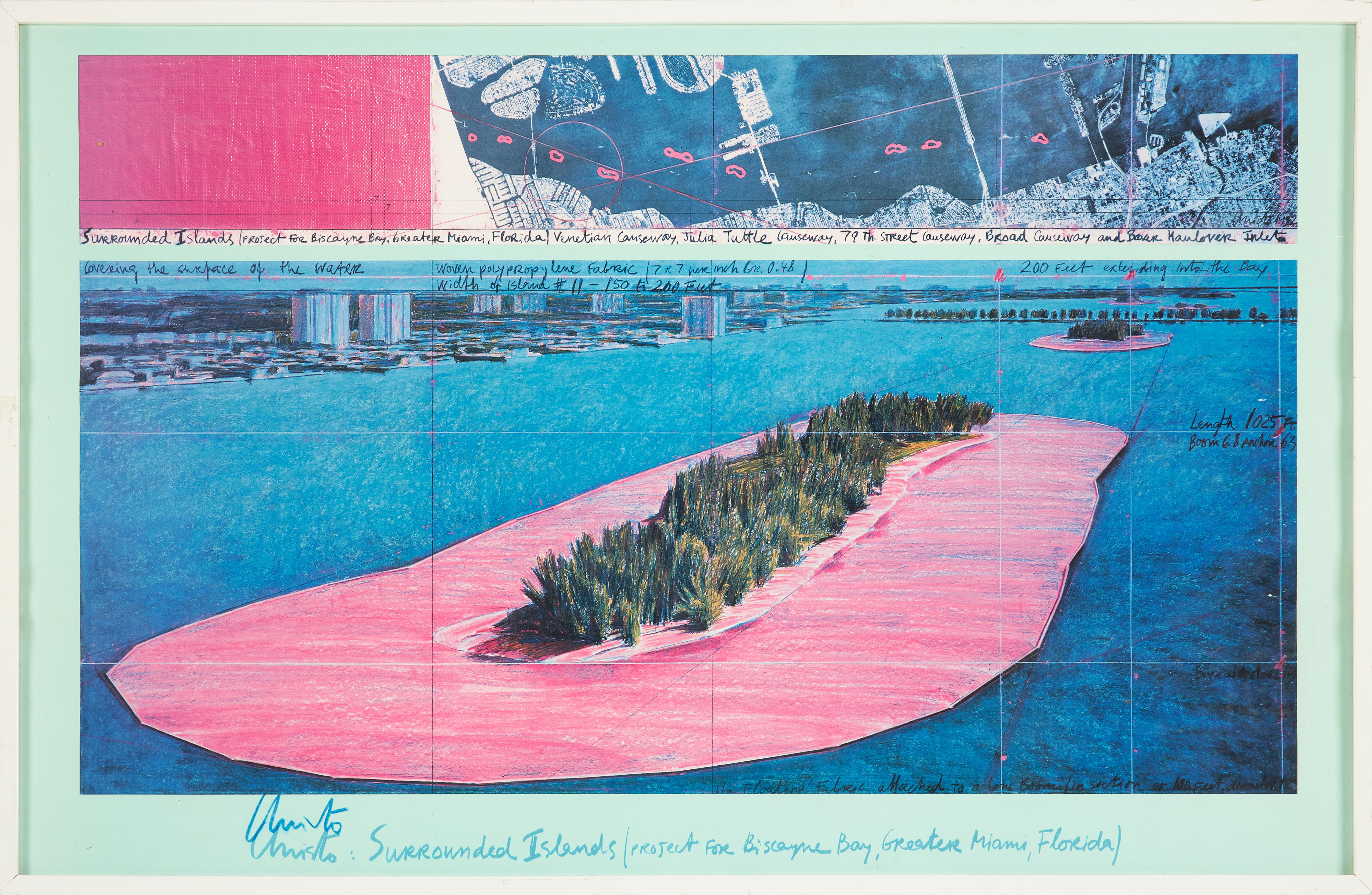 CHRISTO & JEANNE-CLAUDE. "Surrounded Islands, Biscayne Bay, Miami, Florida" färgoffset, signerad med blå krita.