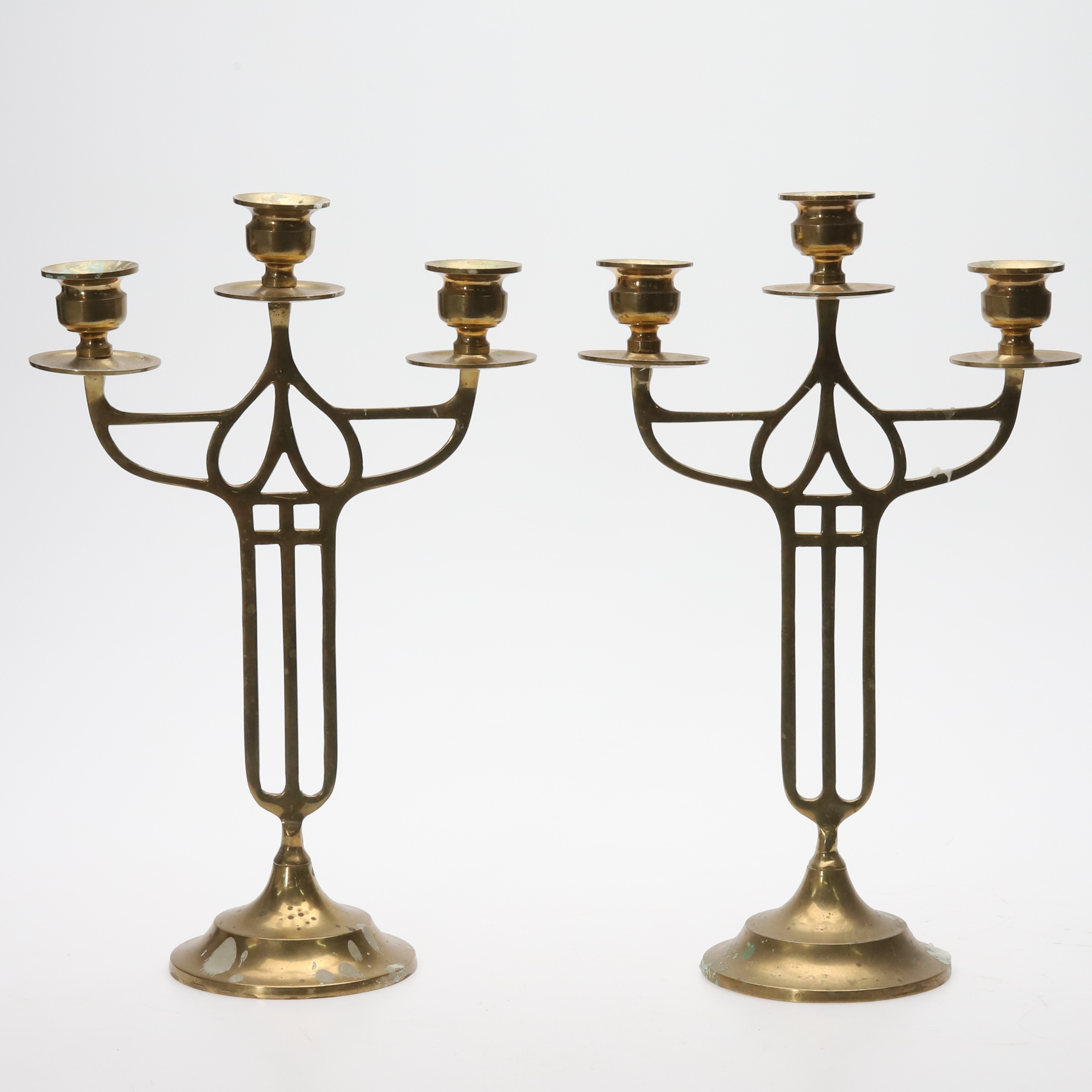 KANDELABRAR, trearmade, ett par, mässing, ljugendstil, märkta malm.