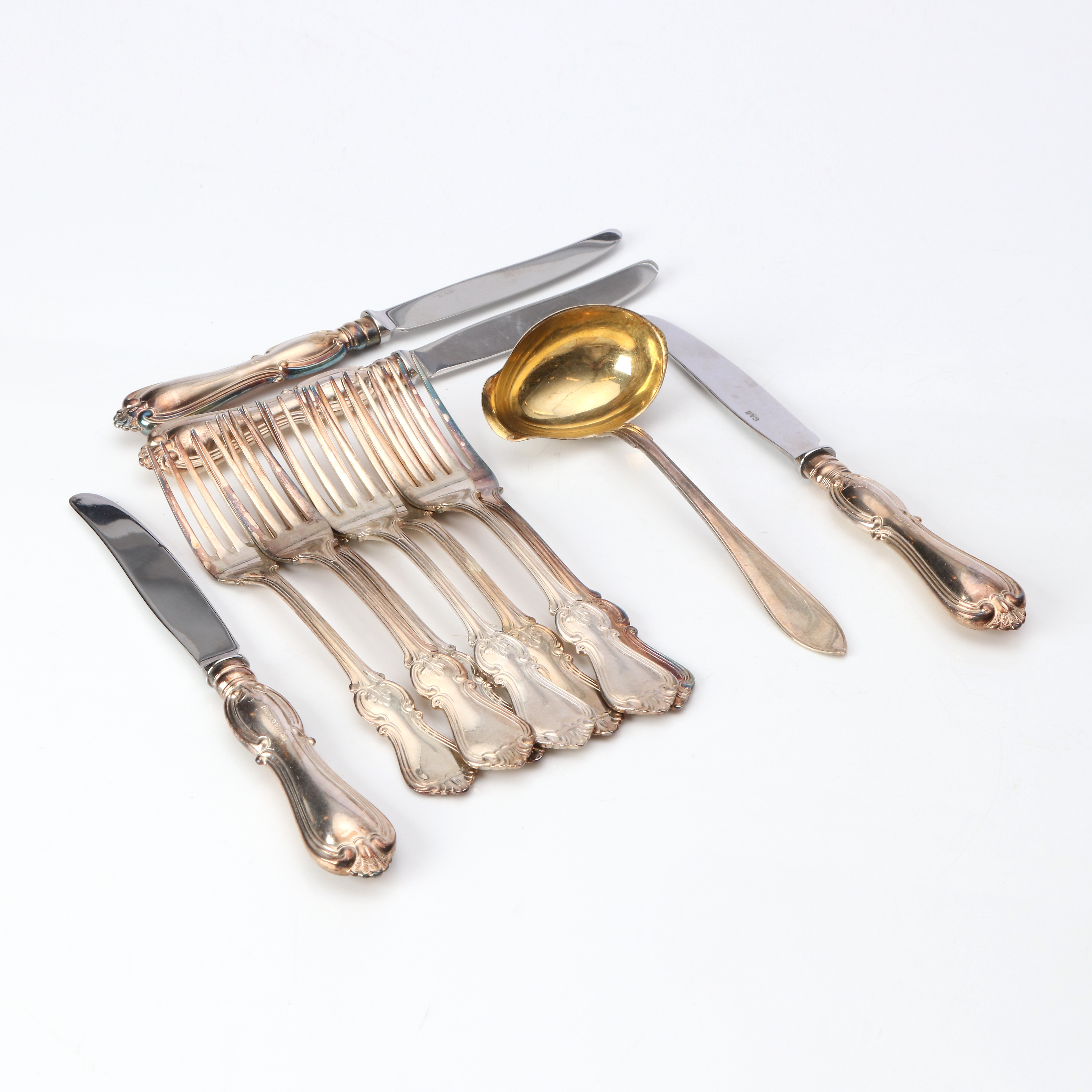 BESTICK, 12 ST. Silver. Vikt exklusive knivar ca 335 gram.