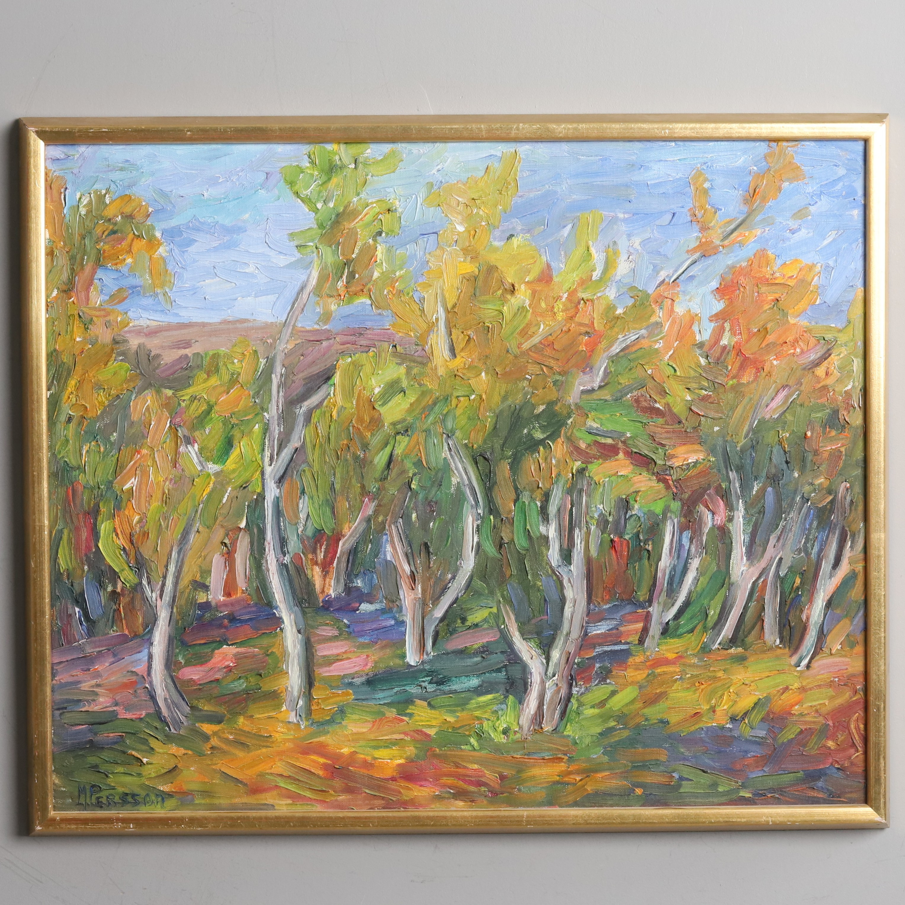 MARGIT PERSSON. Olja på duk, impasto, "Fjällbjörkar", signerad.