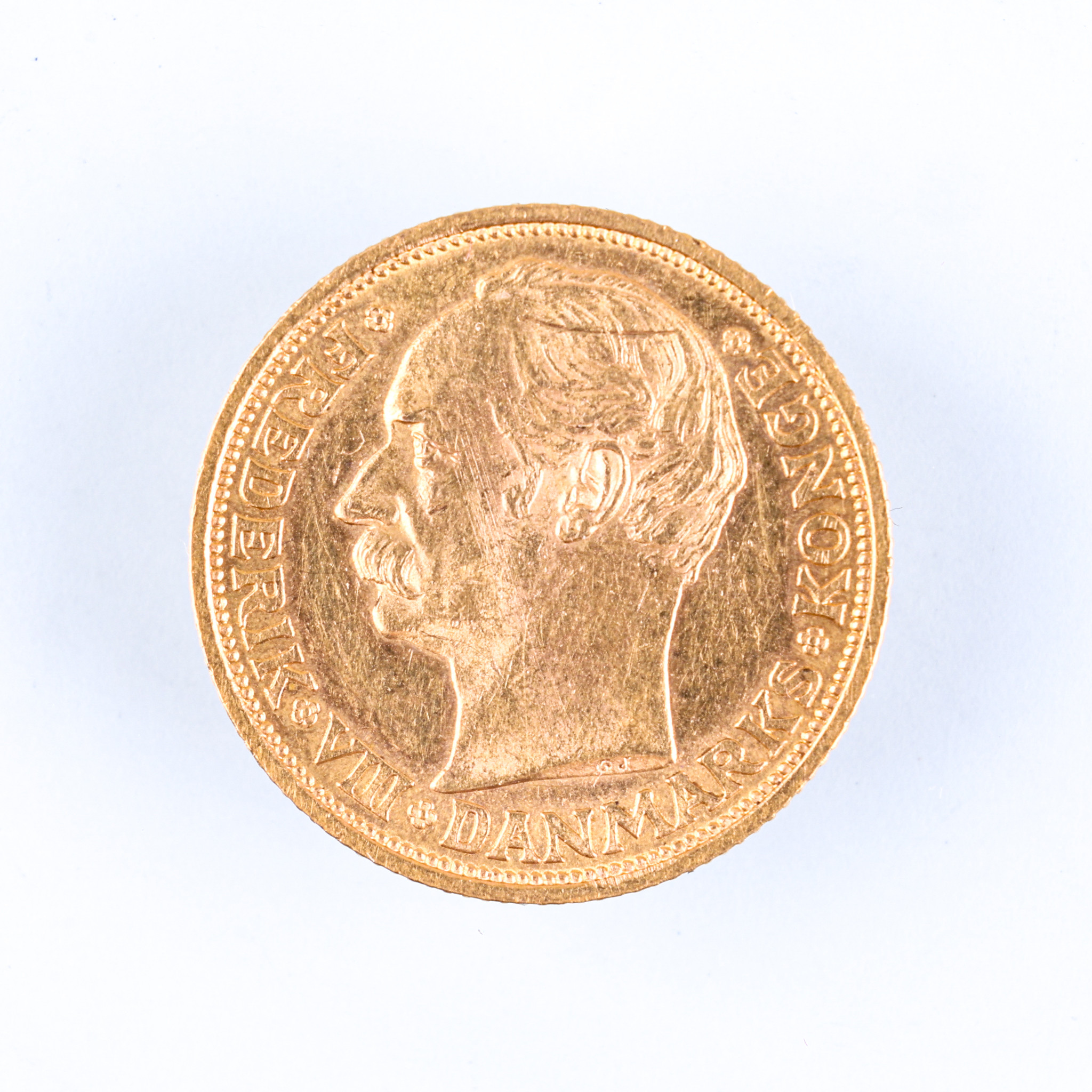 GULDMYNT, 20 kr, 21,6 karat, Fredrik VIII, Danmark, 1910, vikt ca 9 gram.
