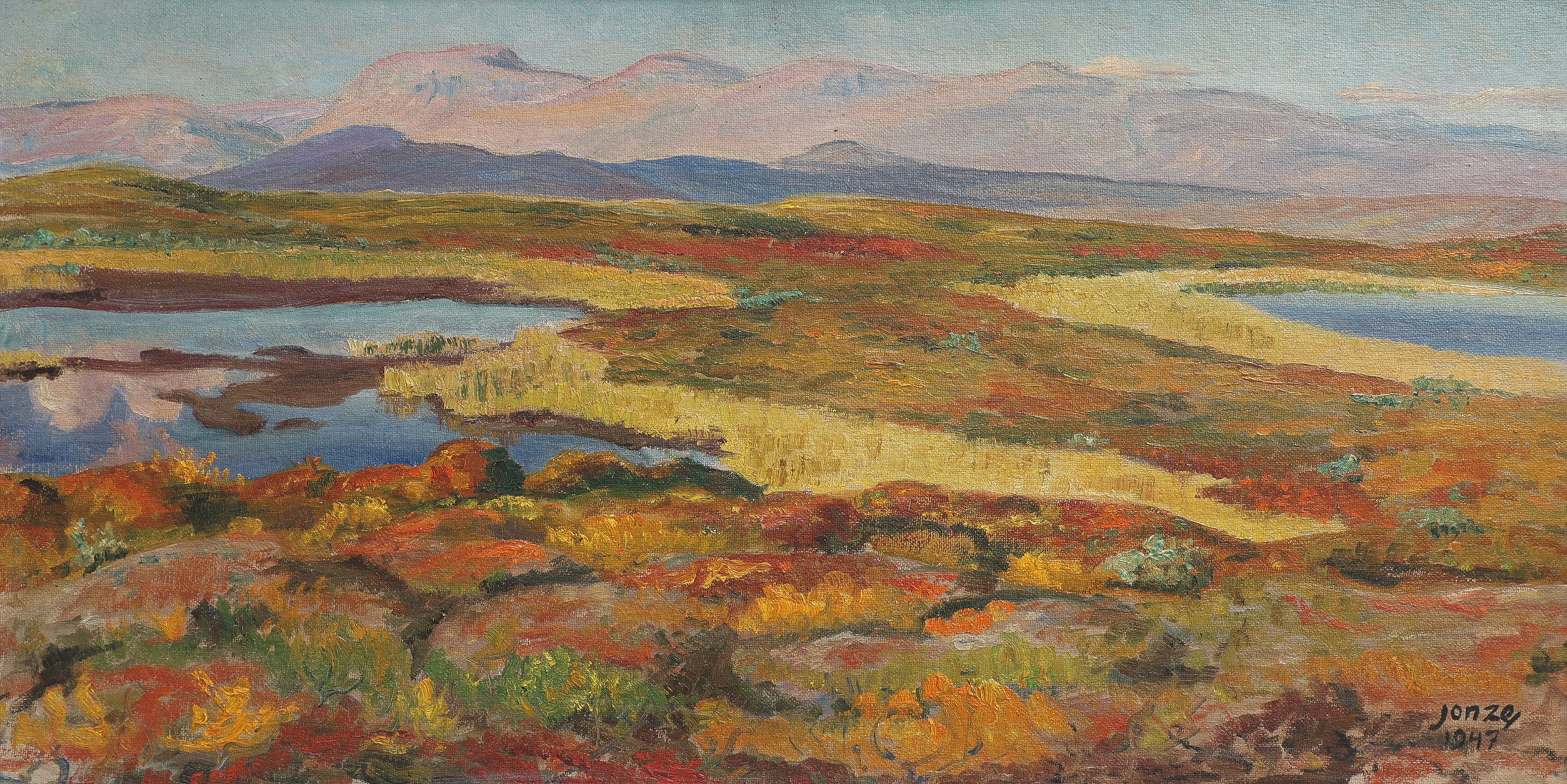 PAUL JONZE 1883-1973. OLJA PÅ PANNÅ, "HÖSTDAG PÅ FJÄLLET MOT HÄRJÅNGSSTÖTARNA HIMMELSRASTA", SIGNERAD OCH DATERAD 1947.