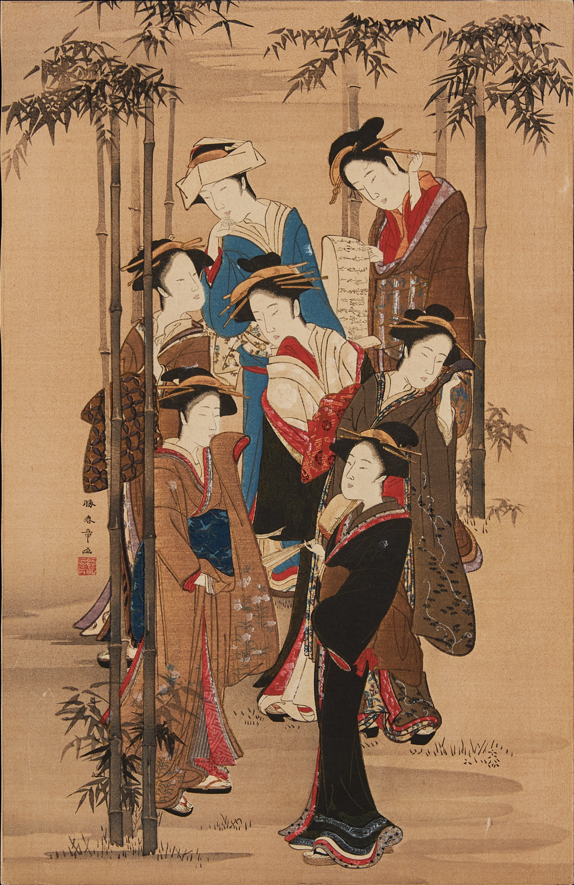 KATSUKAWA SHUNSHO (1726-1793). Efter. "Seven Beauties in a Bamboo Forest" (Chikurin shichi bijin zu).