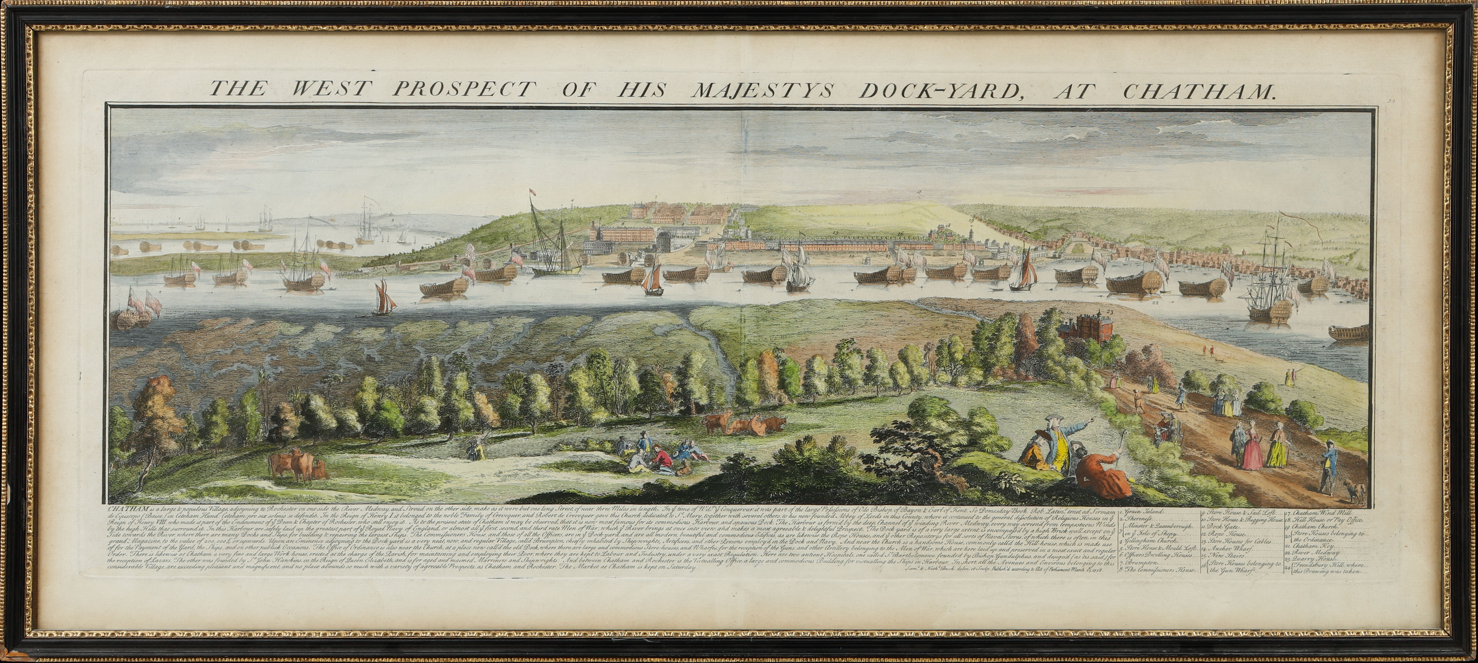 SAMUEL & NATHANIEL BUCK. Etsning, handkolorerad, "The West Prospect of his Majestys Dock-yard, at Chatham", England, 1800-tal.