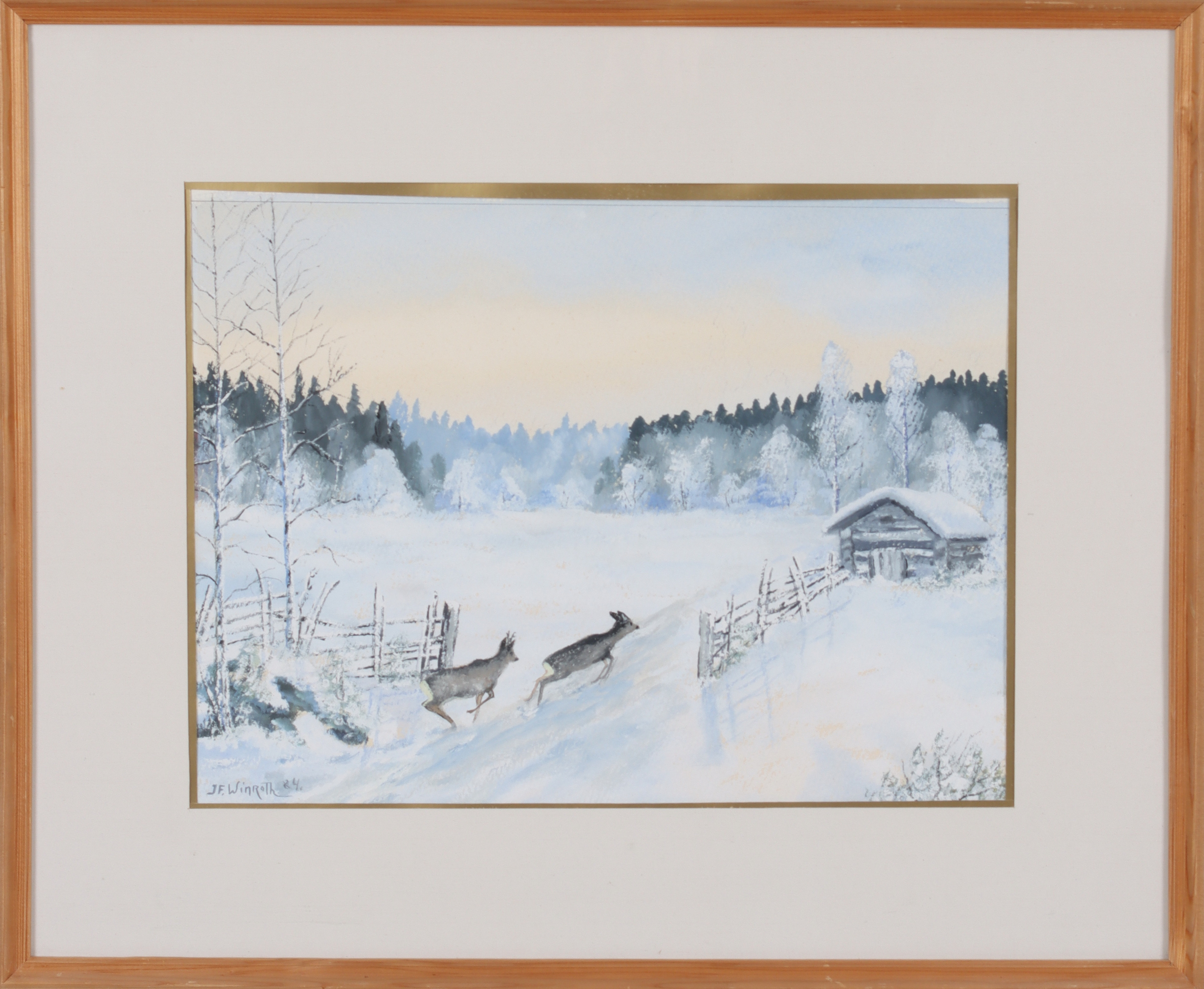FINGAL WINROTH. "Löpande rådjur-Norrland", gouache på papper, signerad och daterad 84.