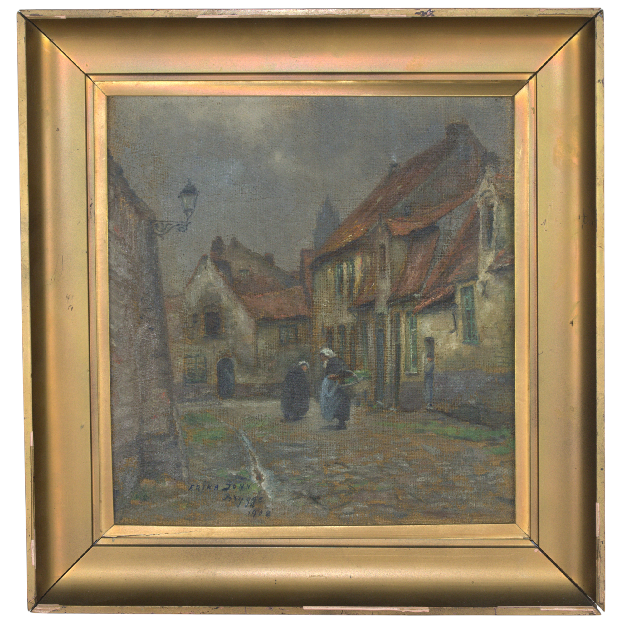 ERIKA JOHNN. Olja på duk, stadsbild Brygge, signerad., 1908.