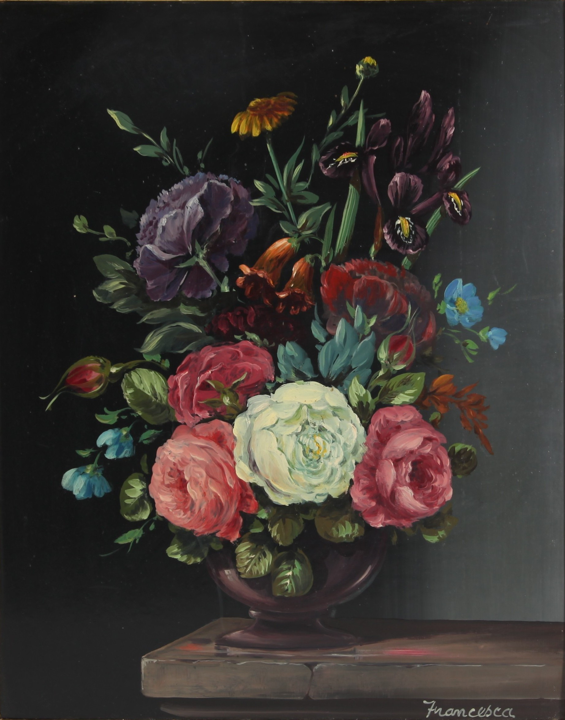 OLJA PÅ PANNÅ, blomsterstilleben, signerad.