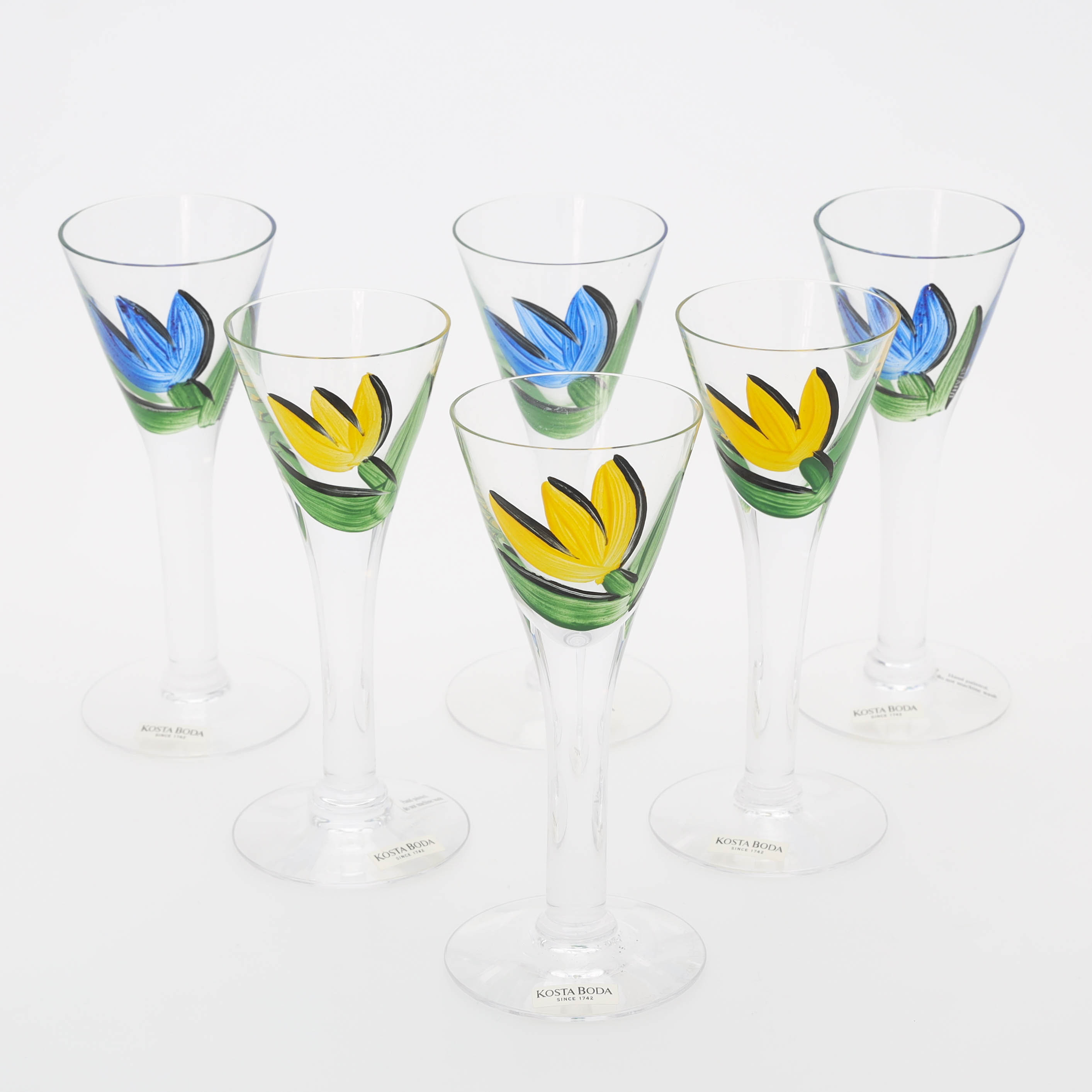 ULRICA HYDMAN-VALLIEN. Snapsglas, 6 st, handmålade, Kosta Boda.
