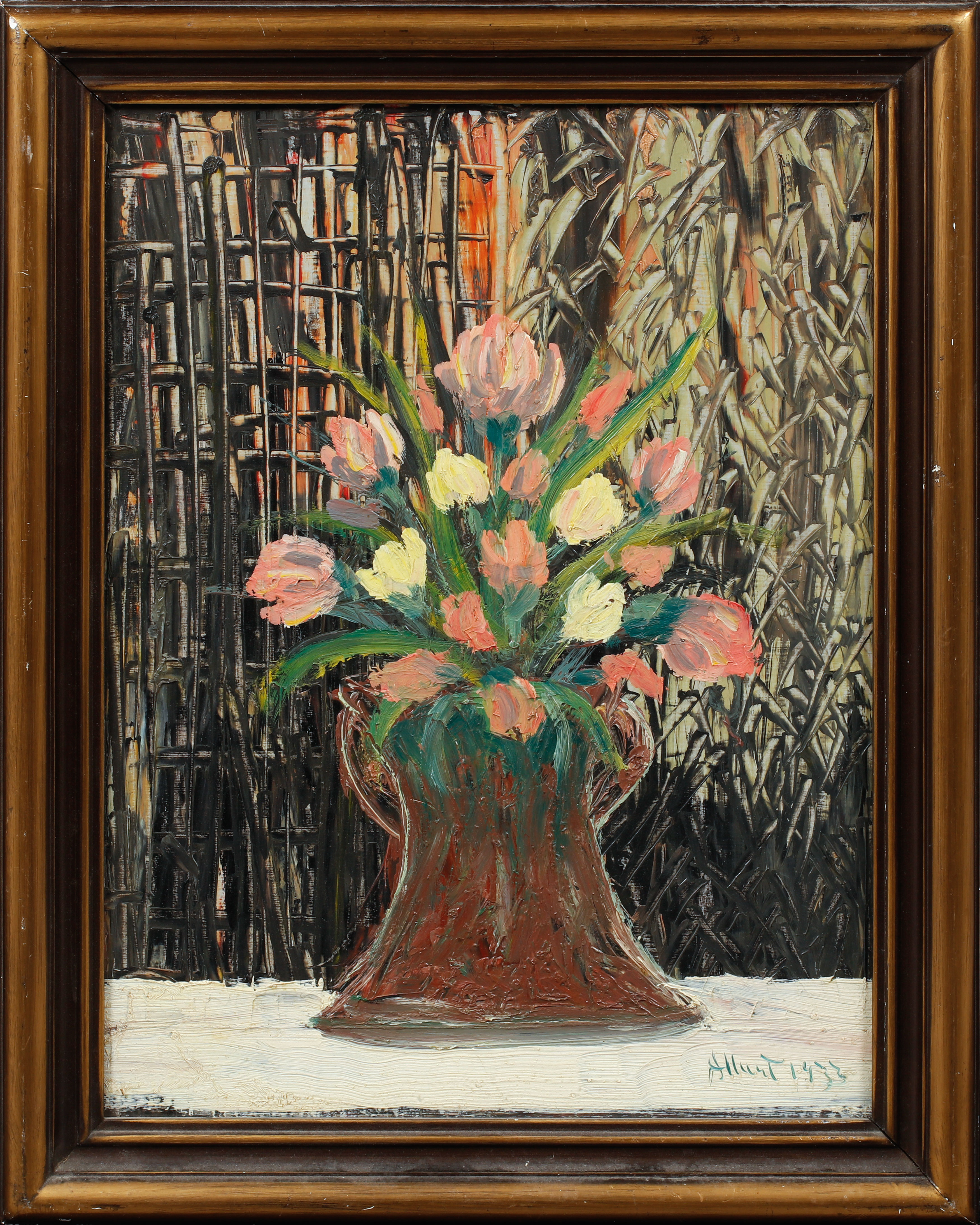 OIDENTIFIERAD KONSTNÄR. Olja på pannå, Blomsterstilleben, signerad och daterad 1933.