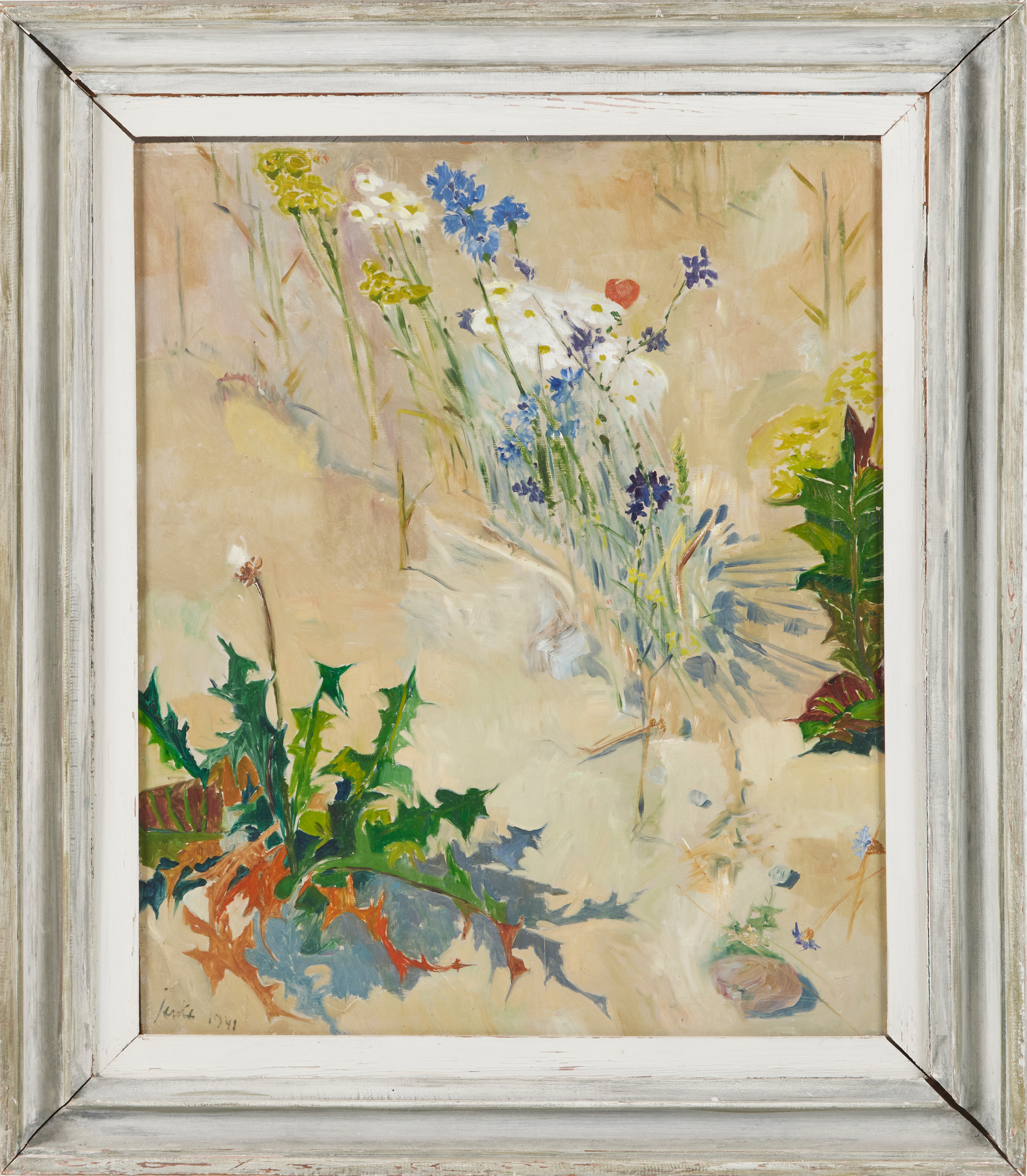 ERIK JERKEN. Blomsterstilleben med ogräs, olja på pannå signerad, daterad 1941.